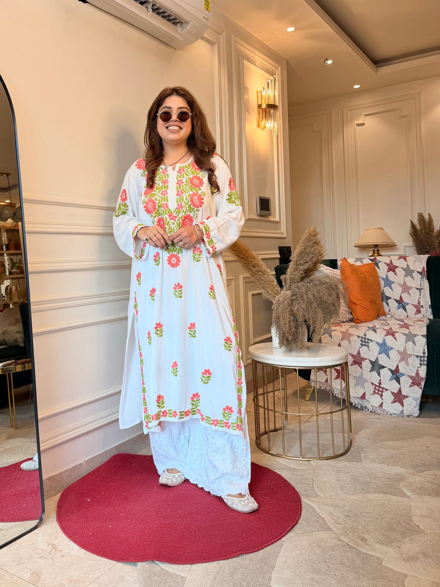 Hand embroidered Chikankari Kurta | Premium Cotton | White with Light Pink & Green