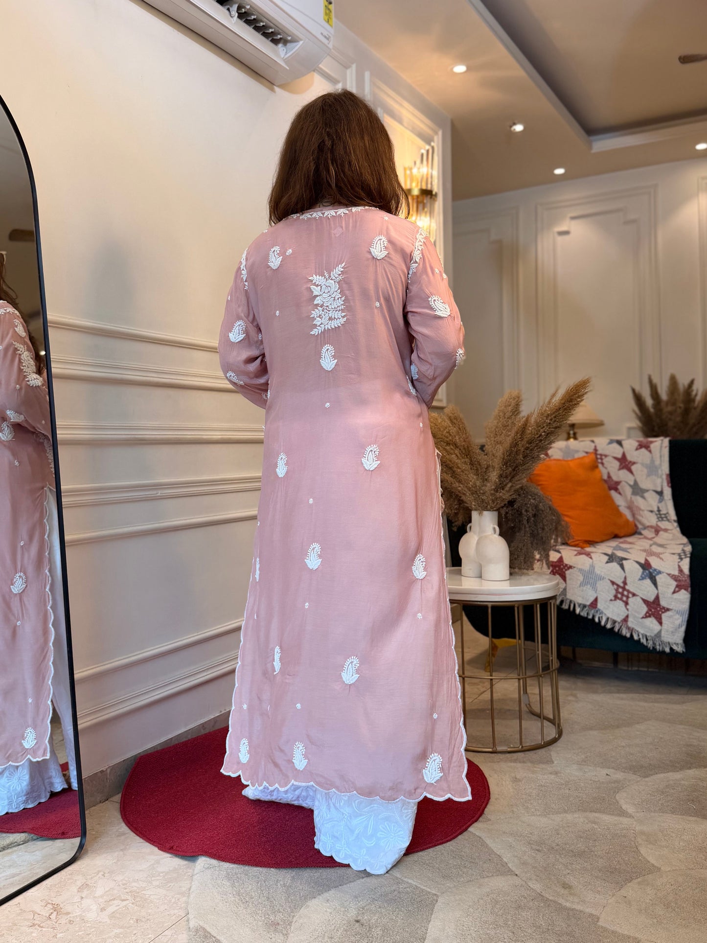 Hand embroidered 6D Chikankari Kurta | Mul Chanderi | Nude