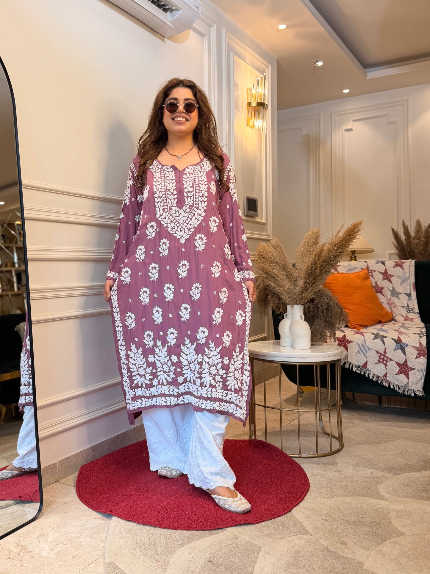 Hand Embroidered 6D Chikankari Kurta | Modal | Mauve