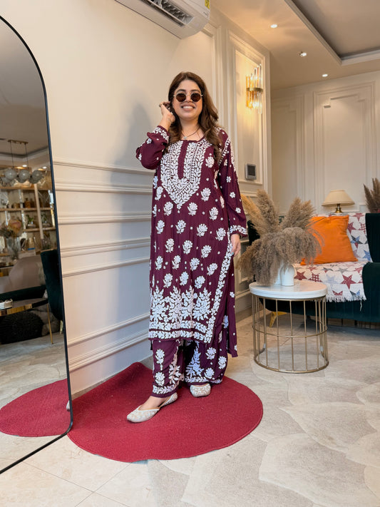 Hand Embroidered 3DChikankari Kurta set | Modal  | Maroon