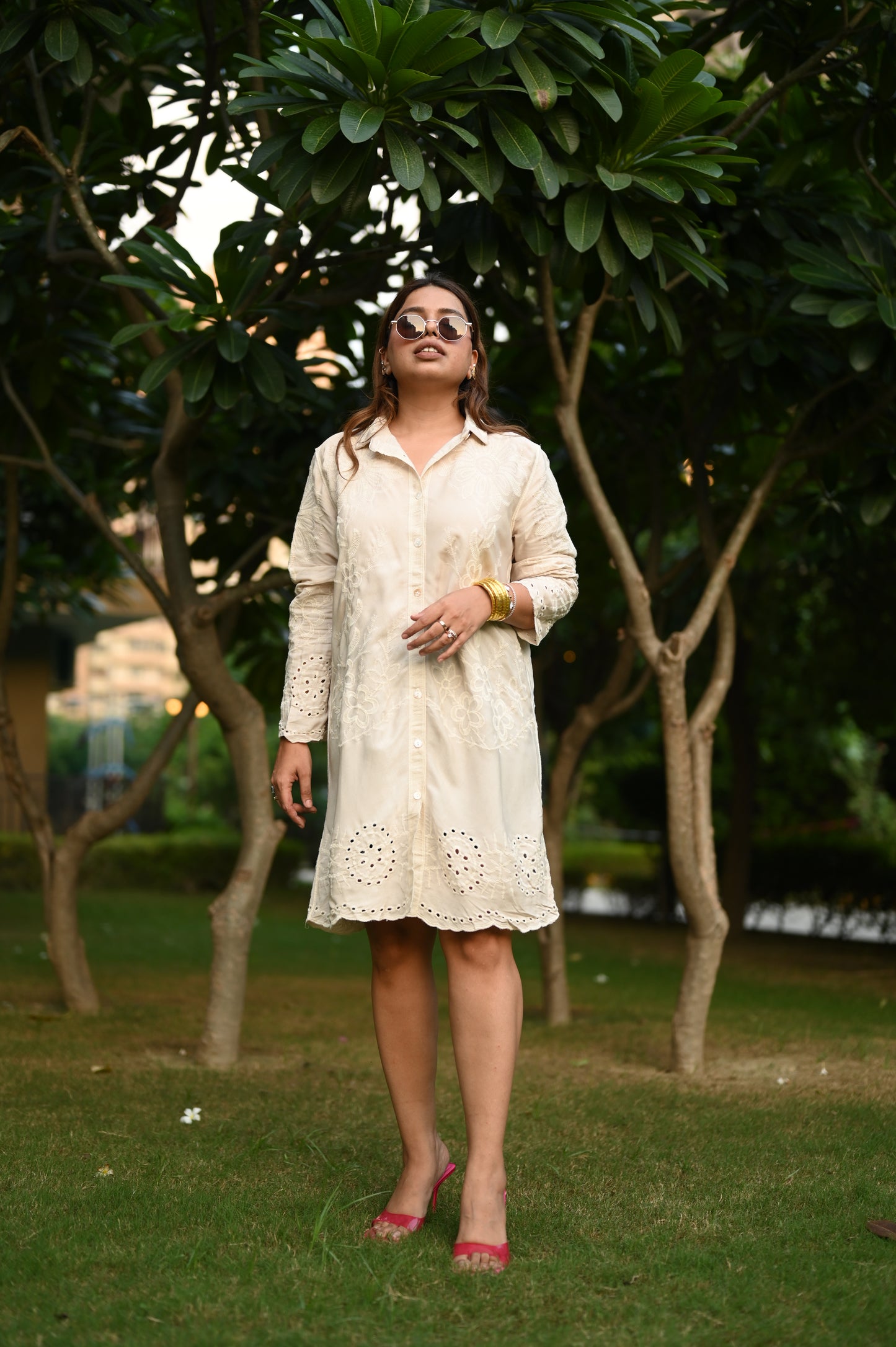 Ivory Shirt Dress with Delicate Thread Embroidery – Free Size Upto XL