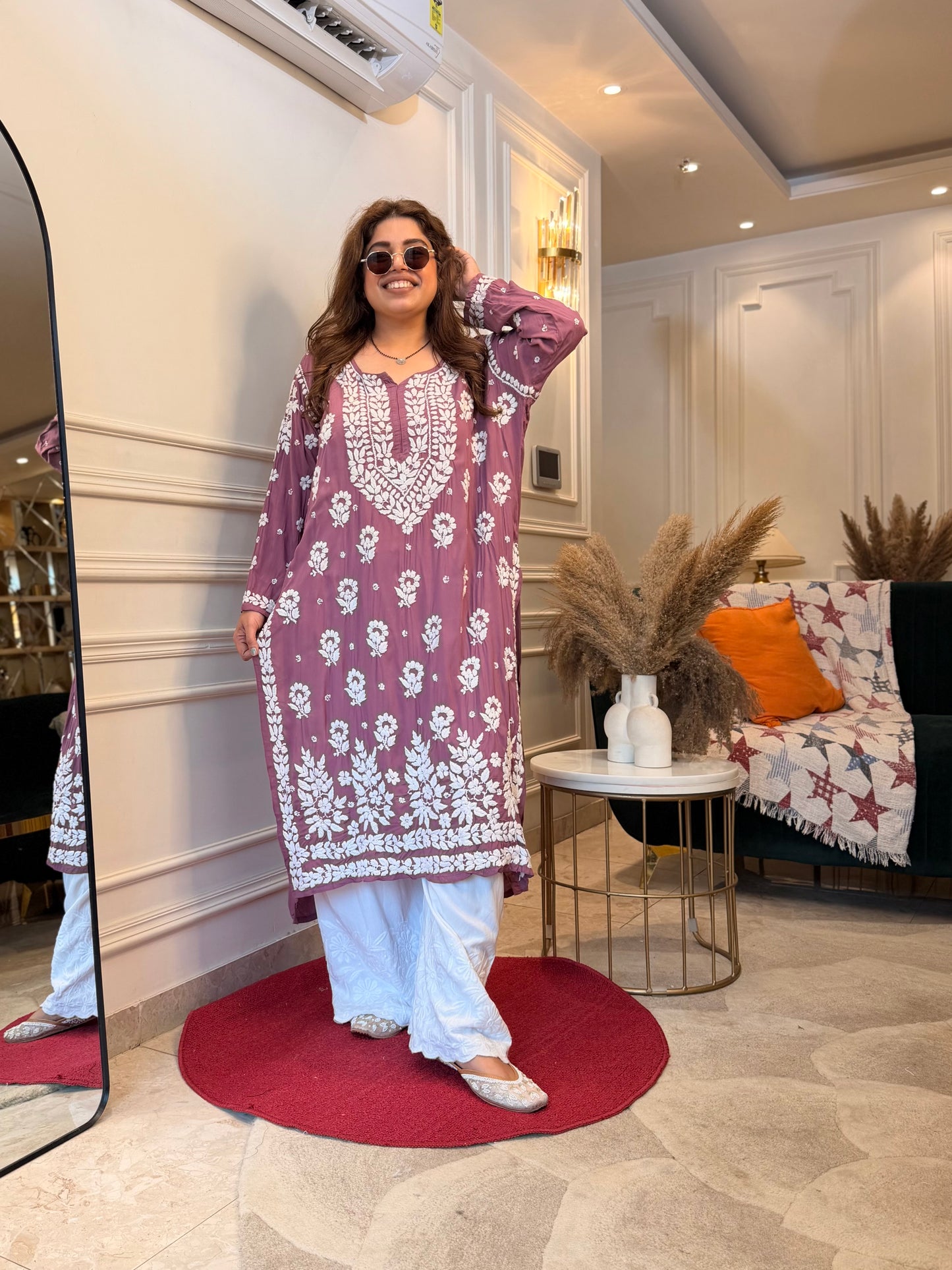Hand Embroidered 6D Chikankari Kurta | Modal | Mauve