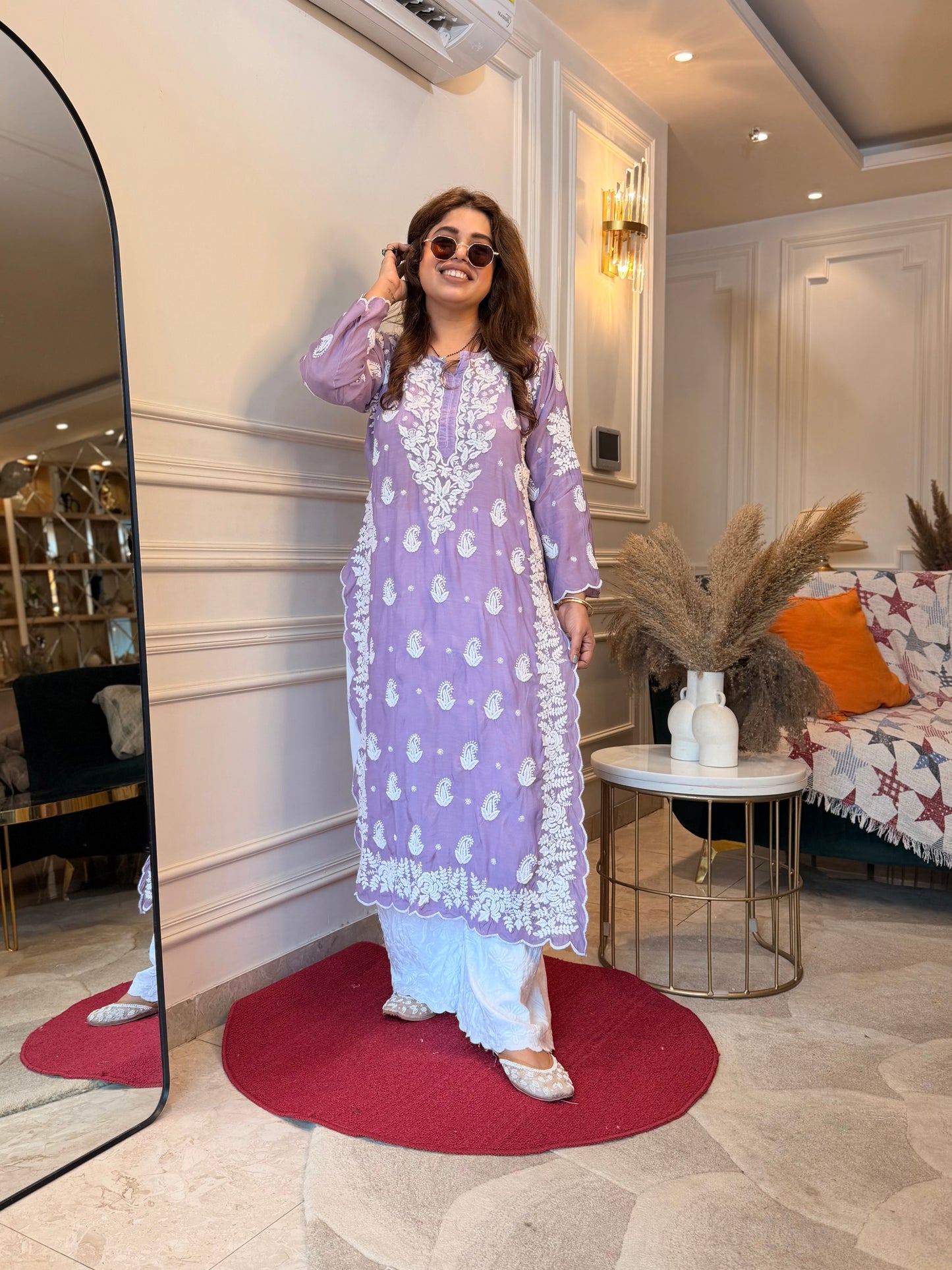 Hand embroidered 6D Chikankari Kurta | Mul Chanderi | Lavender