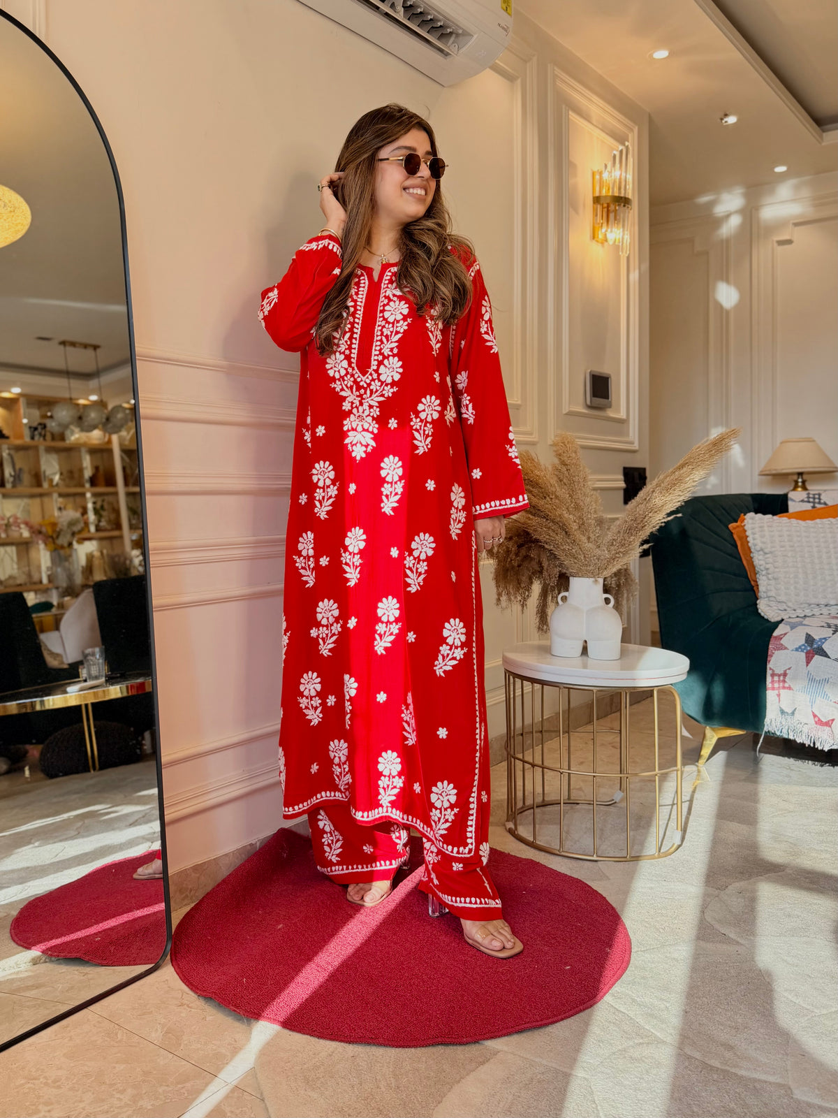 Hand Embroidered 3D Chikankari Kurta set | Premium Modal | Red
