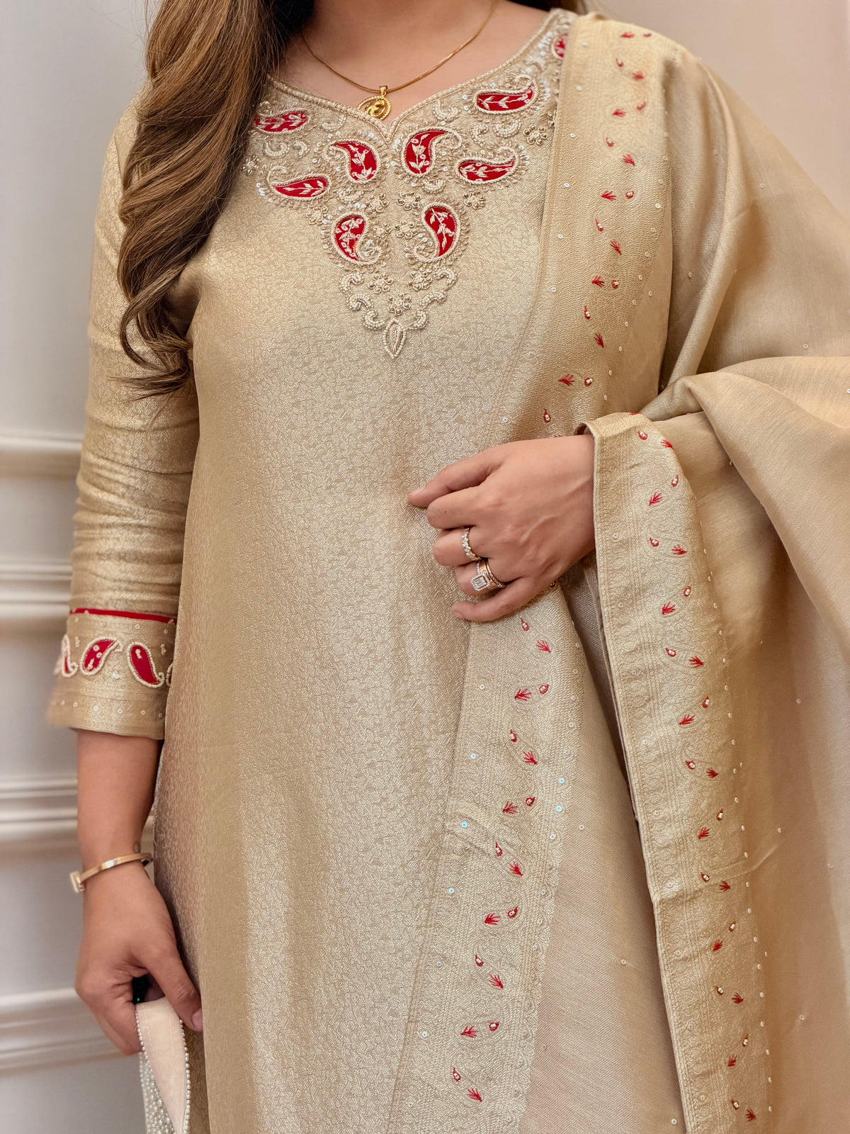 Exclusive Gold Beige Brocade Jacquard 3Piece A line kurta set