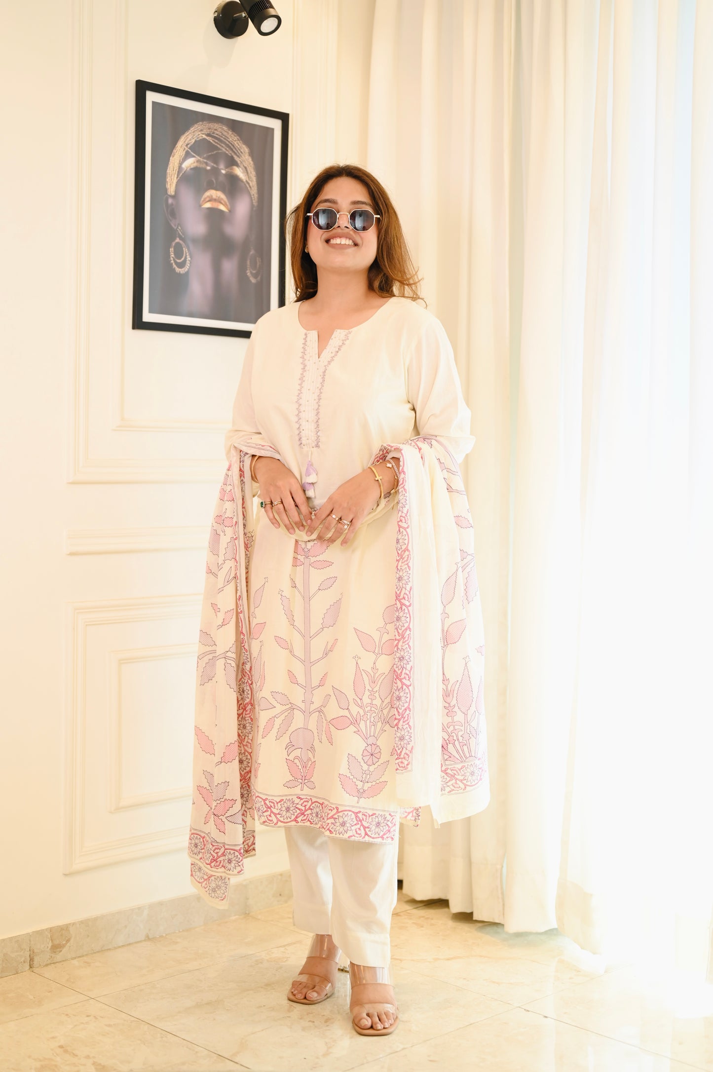 Elegant Off-White & Pink Cotton Kurta Set with Dupatta