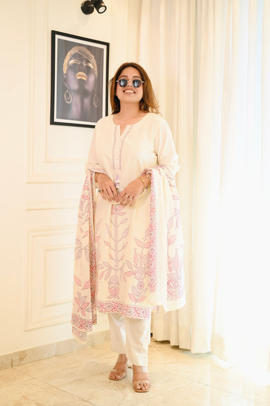 Elegant Off-White & Pink Cotton Kurta Set with Dupatta