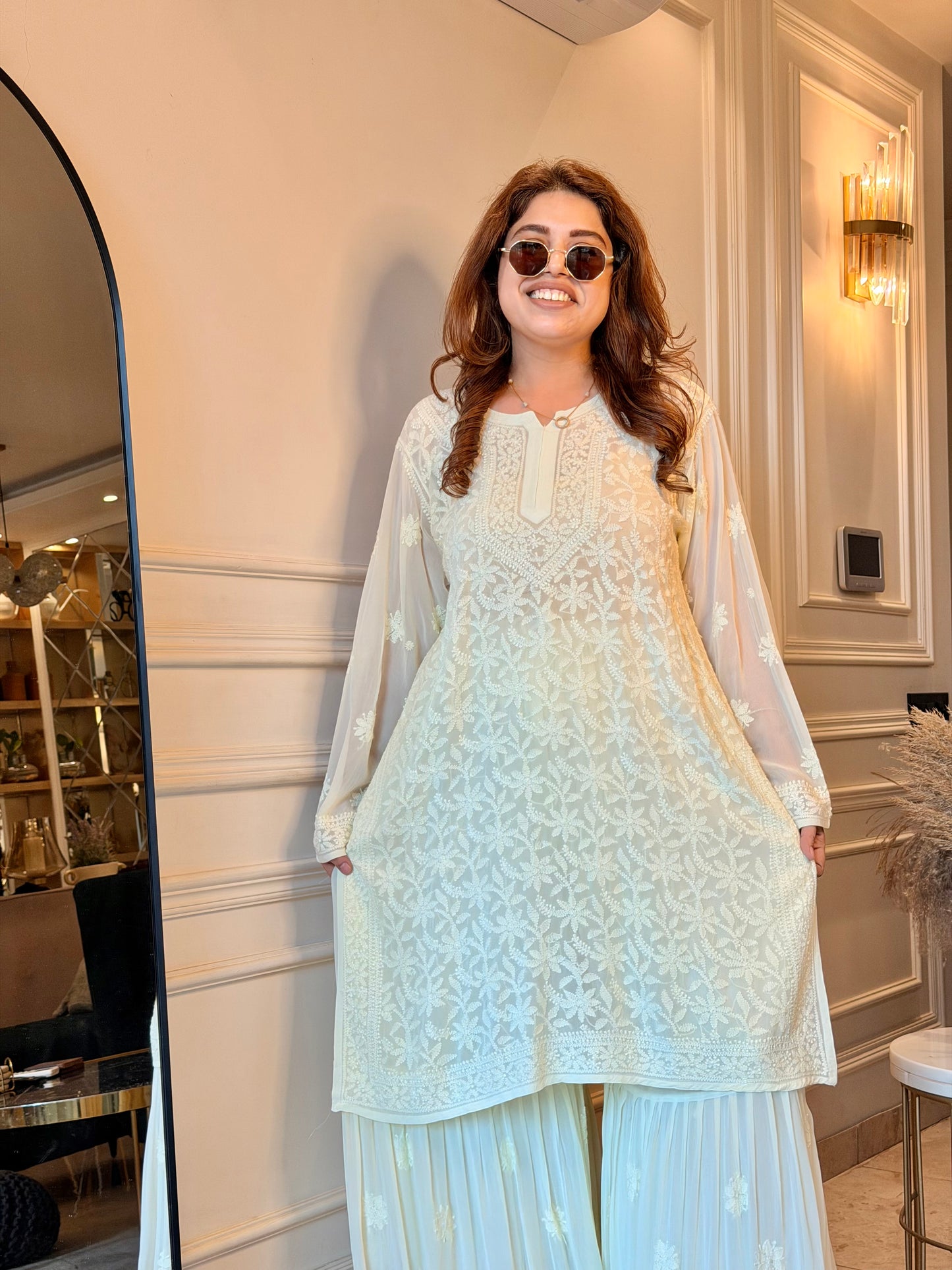 Delicate Full Zaal Hand Embroidered Chikankari Sharara set | Viscose | Lemon Yellow