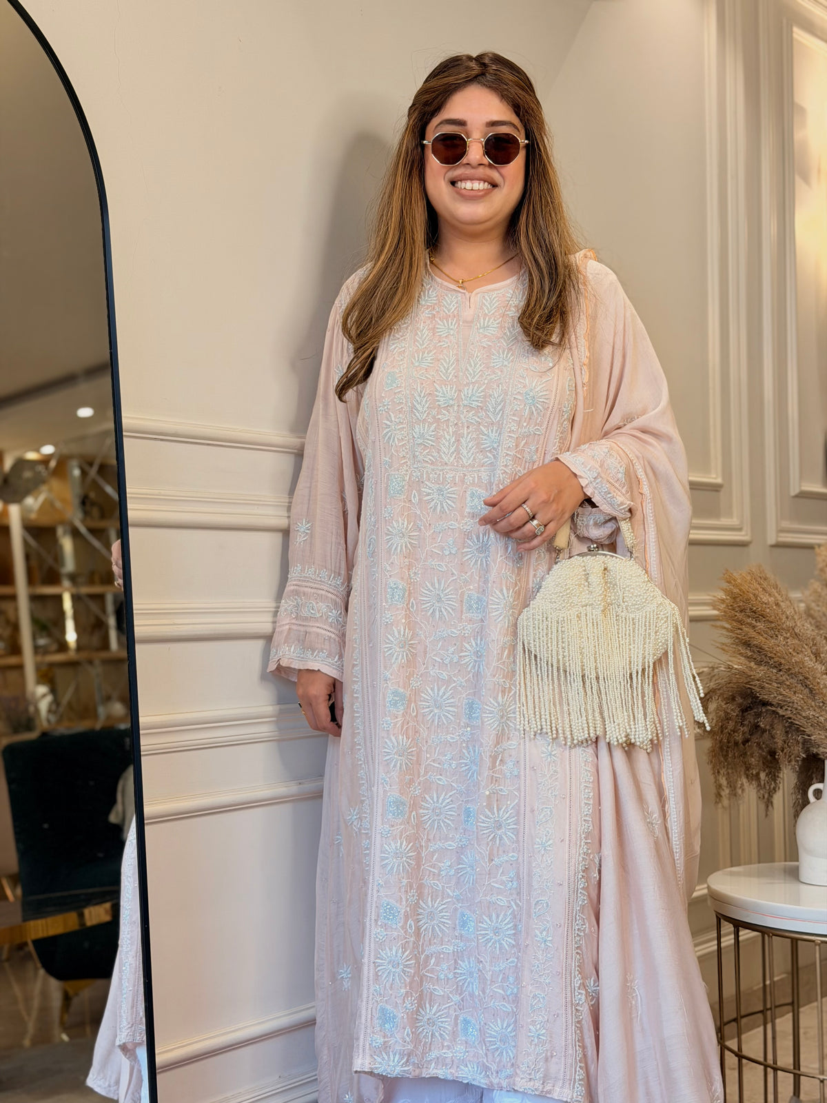 Luxe Hand Embroidered Chikankari Kurta & Duppta | Premium Soft Muslin | Peach Nude