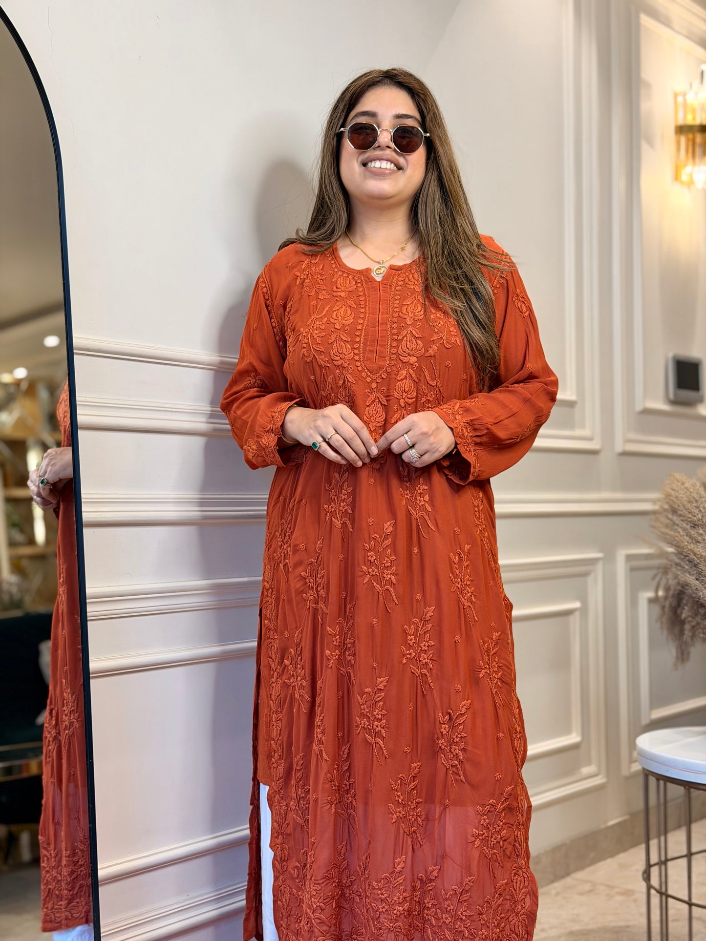 Hand Embroidered 3DChikankari Kurta  | Viscose | Rust Orange