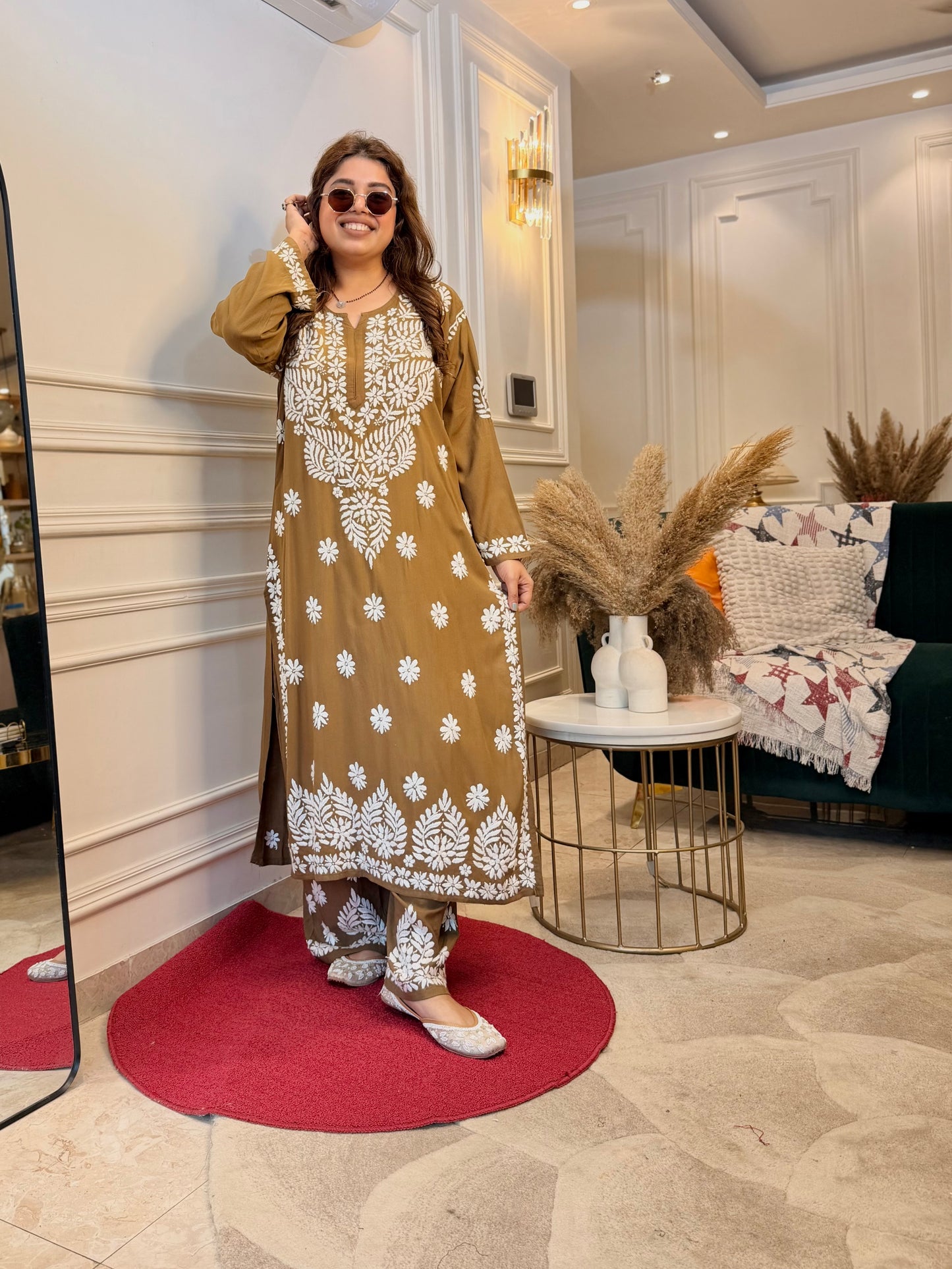 Hand Embroidered Chikankari Kurta set | Modal  | Amber Brown