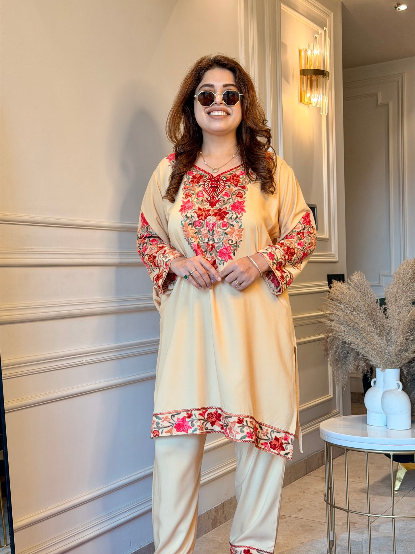 Cotton Kashmiri Emberoried Cordset-Ivory