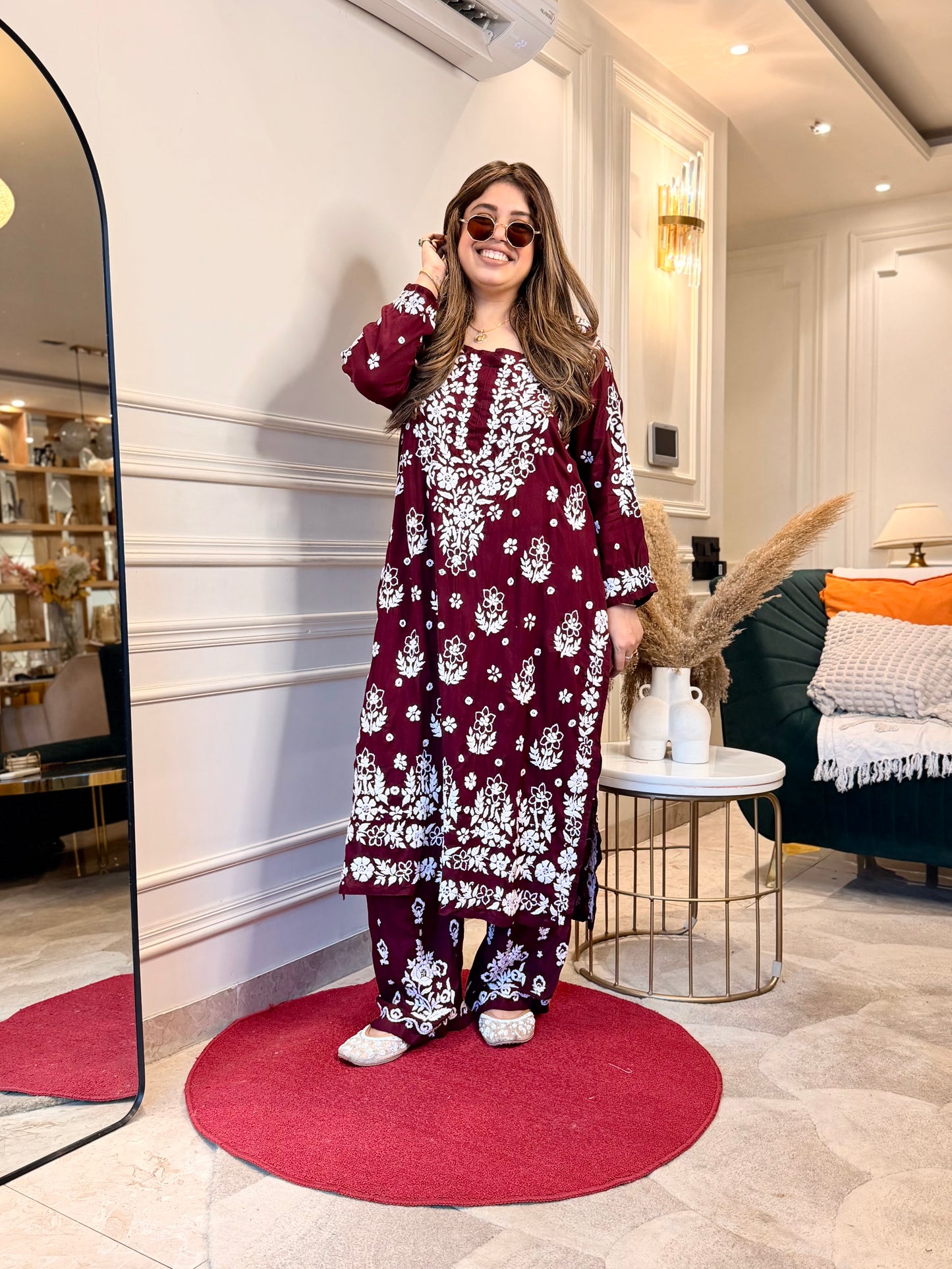Hand embroidered 3D Chikankari Kurta set | Premium Modal| Mahroon