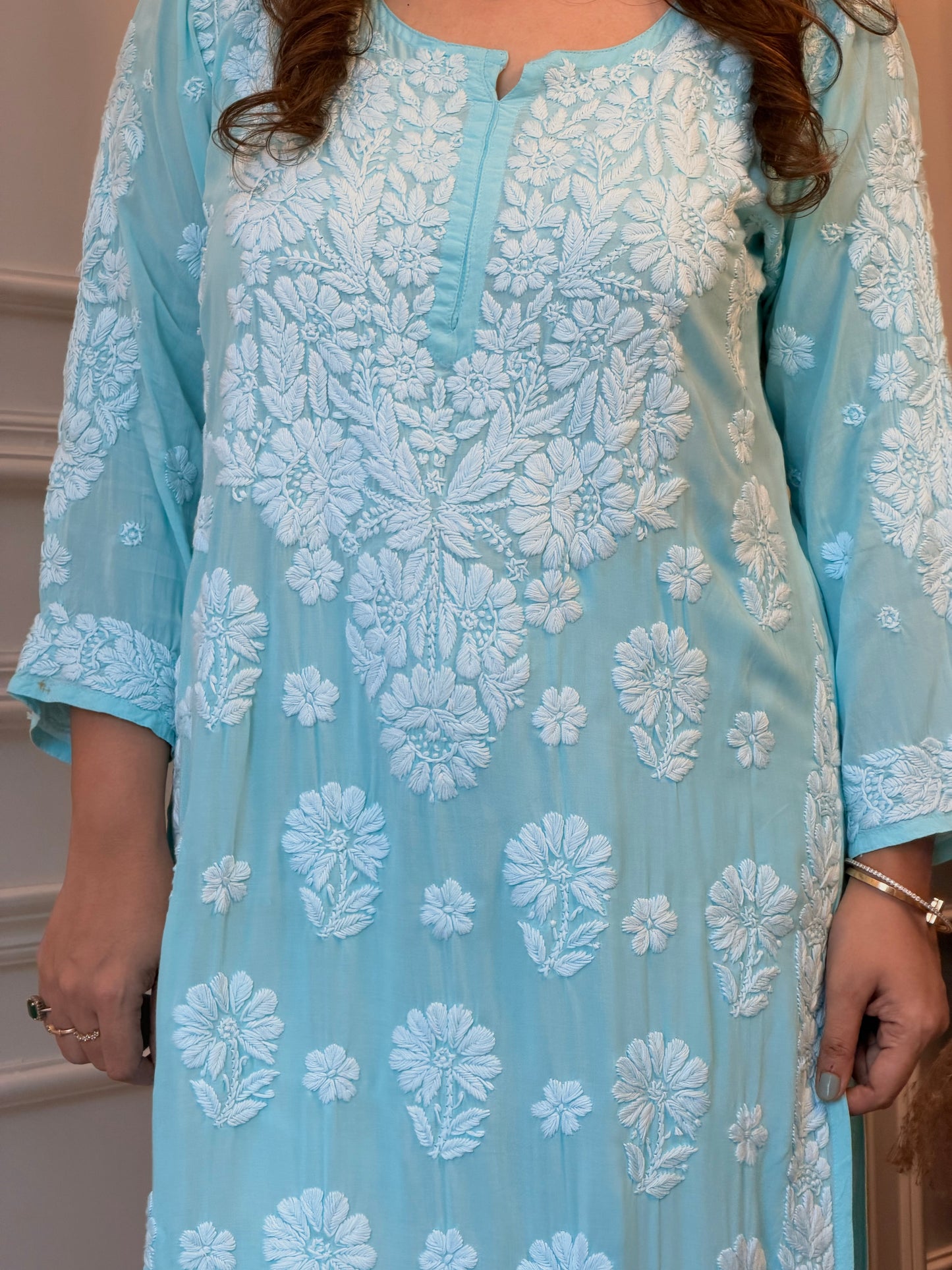Hand Embroidered Chikankari Kurta set | Modal | light Blue