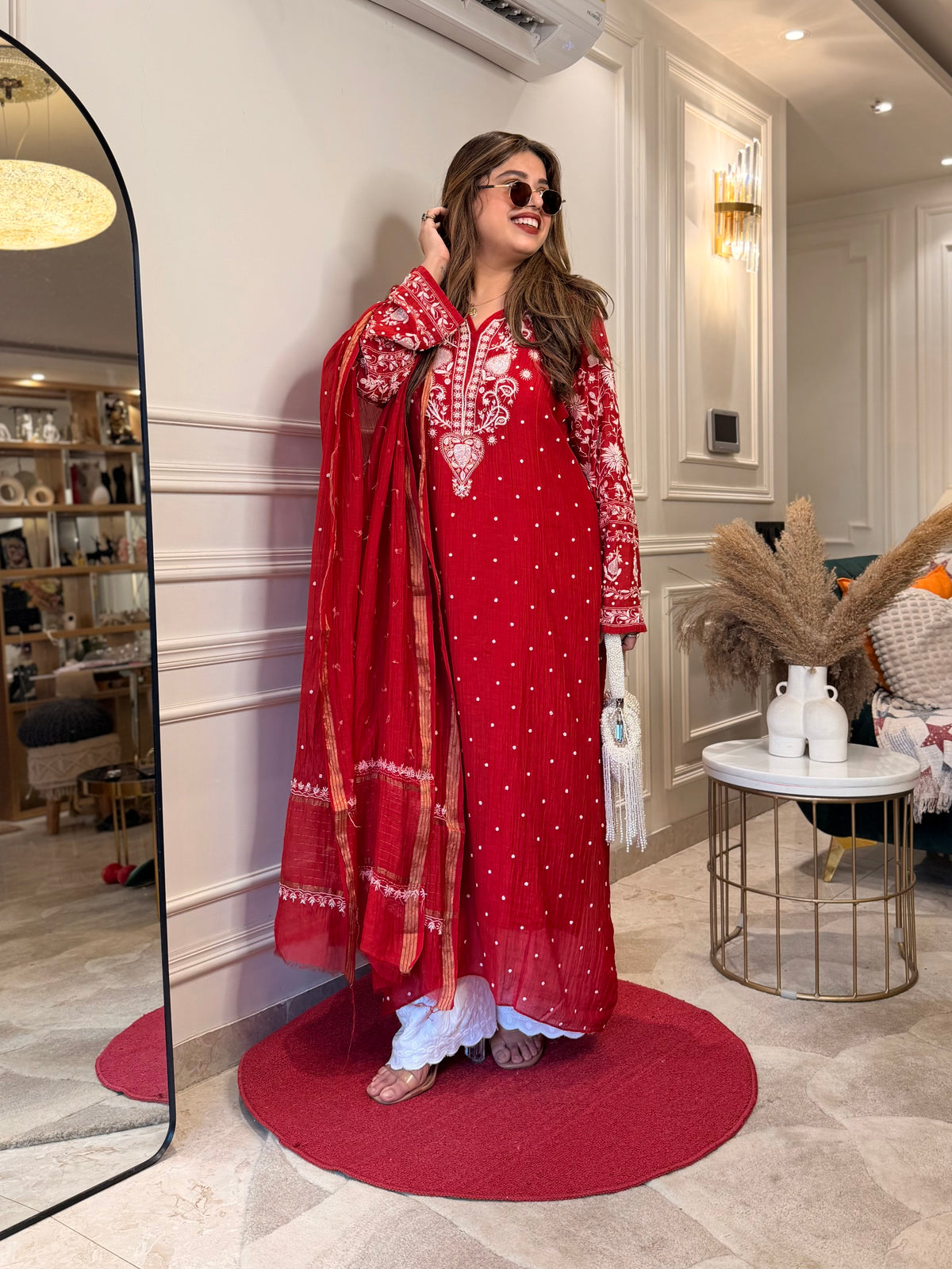 Premium Hand Embroidered Chikankari Kurta & Duppta | Mul Chanderi | Red