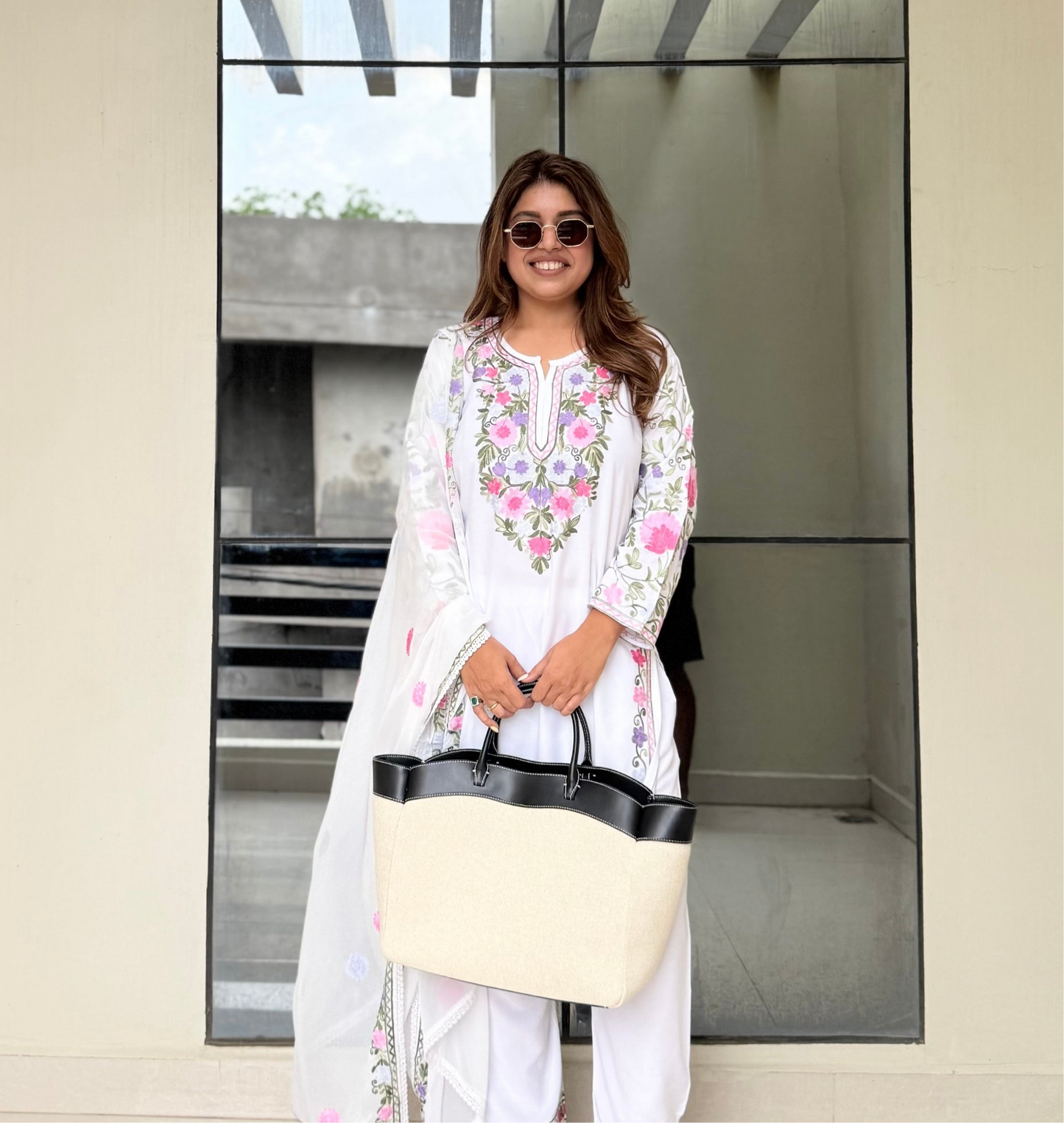 White Blossom Kashmiri Suit Set with Dupatta