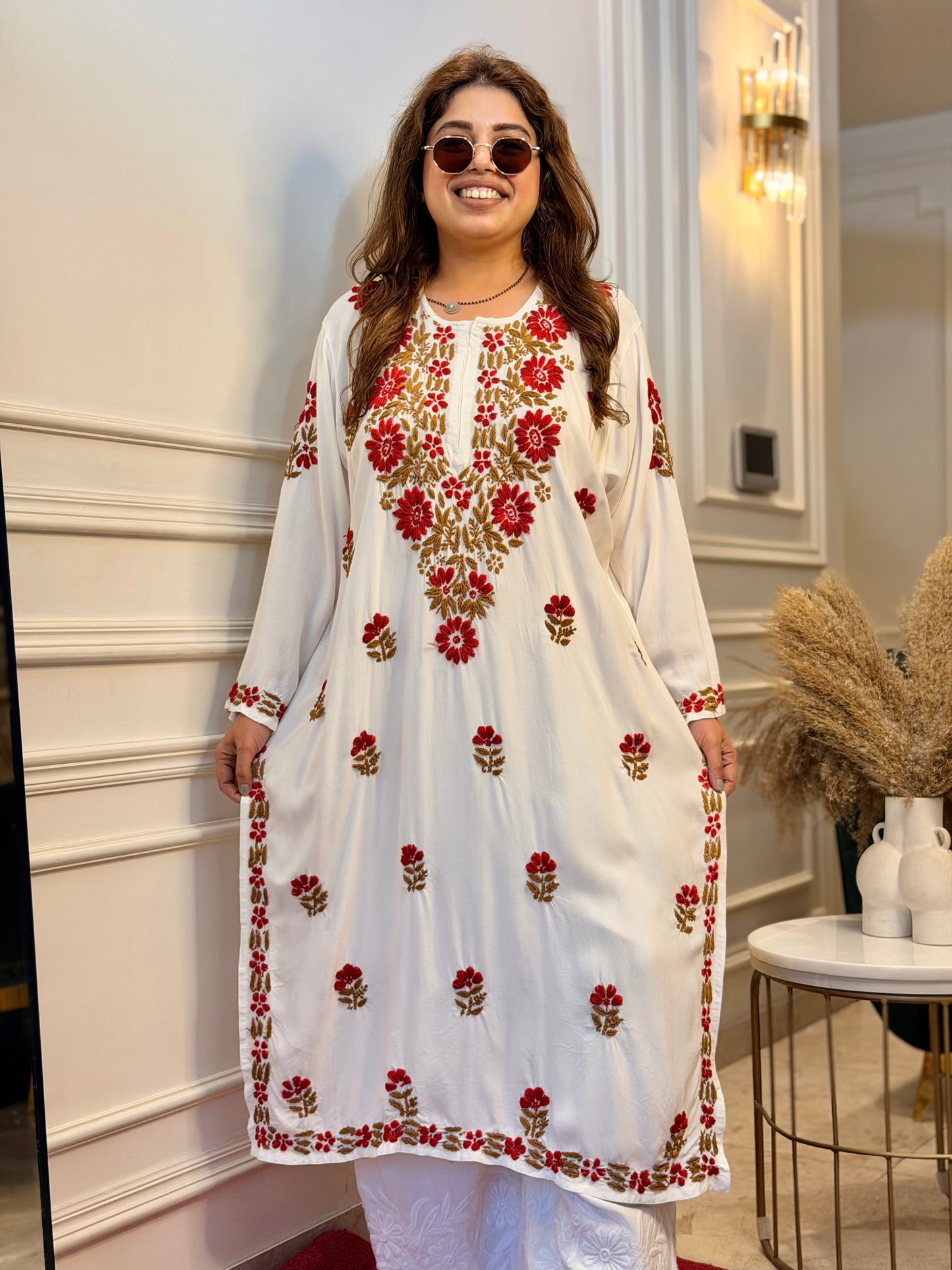 Hand embroidered Chikankari Kurta | Premium Cotton | White with Red with Brown