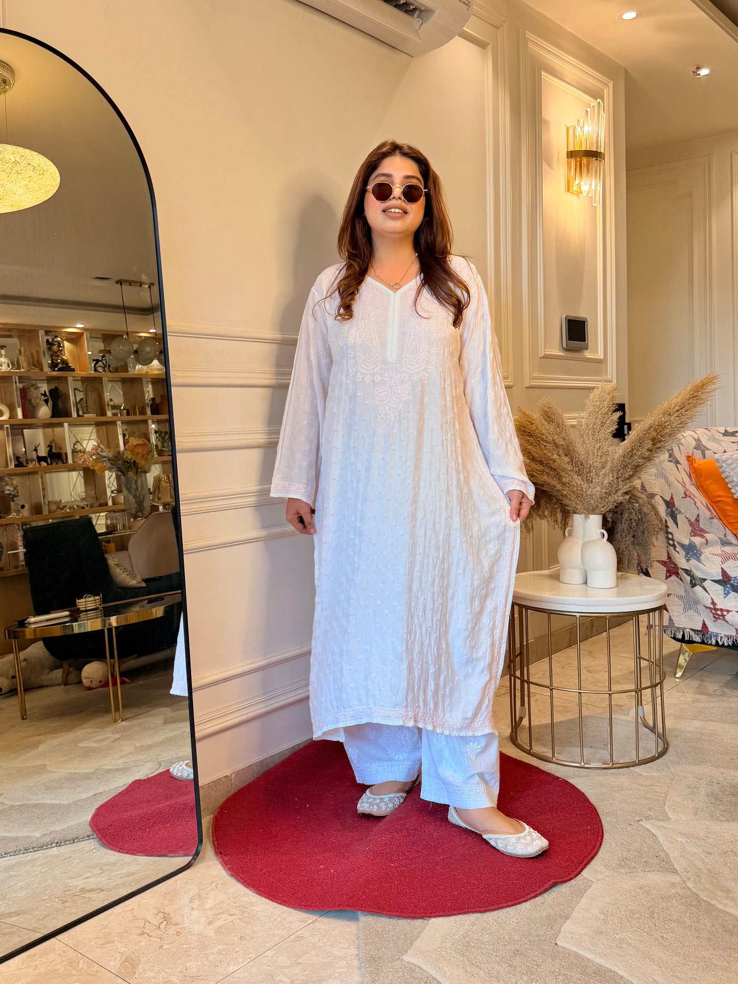 Hand Embroidered Chikankari Kurta  | Mul Chanderi | white with Pink| Plus Size