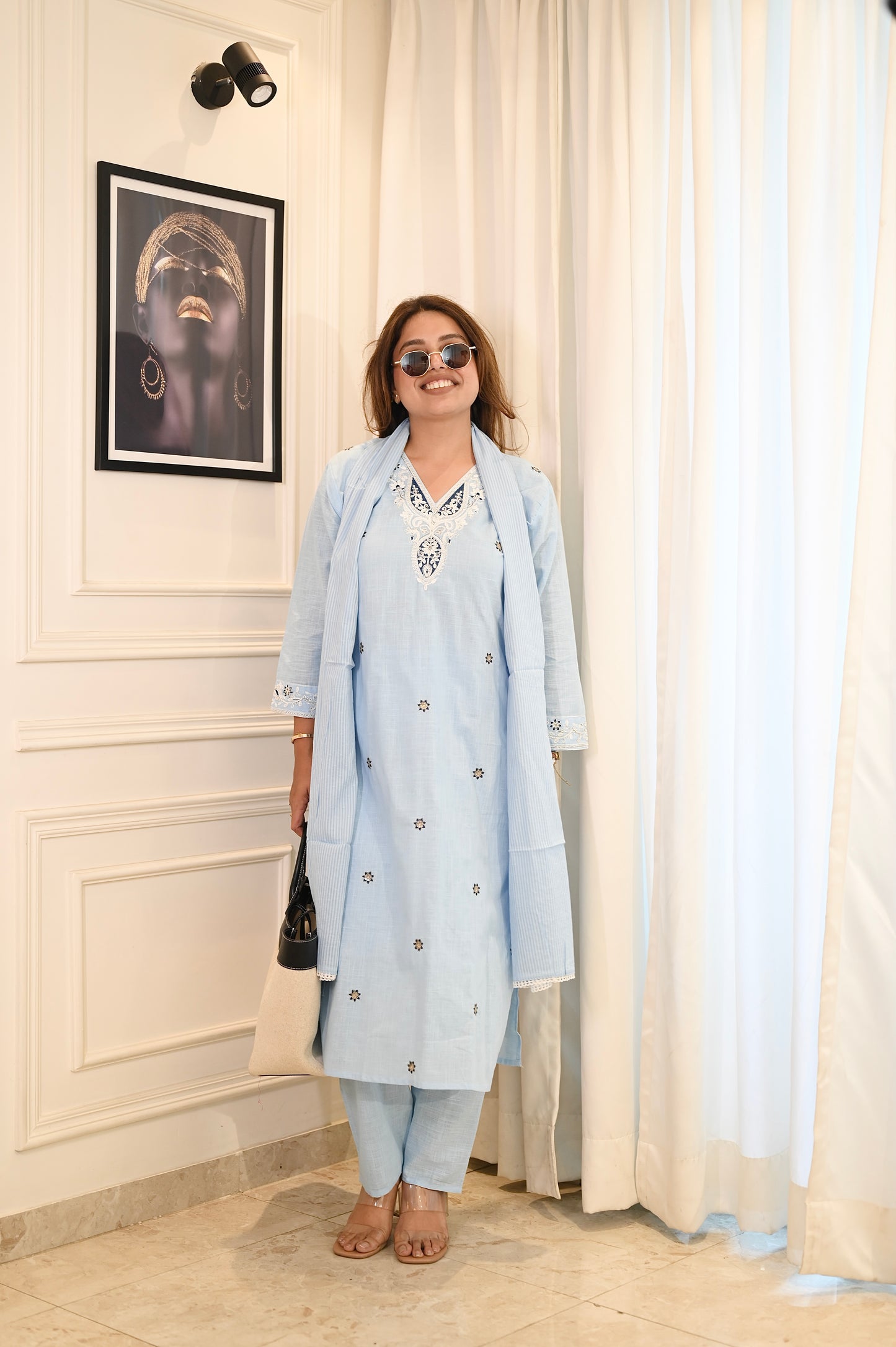 Elegant Sky Blue Cotton Suit Set