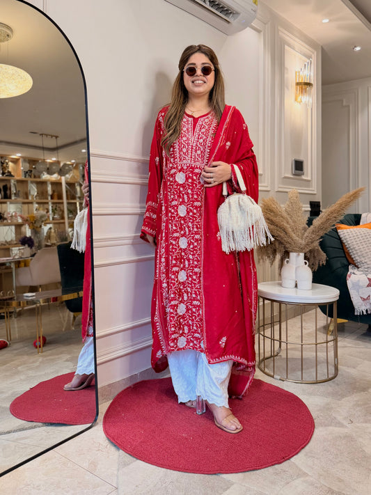 Luxe Hand Embroidered Chikankari Kurta & Duppta | Premium Soft Muslin | Red