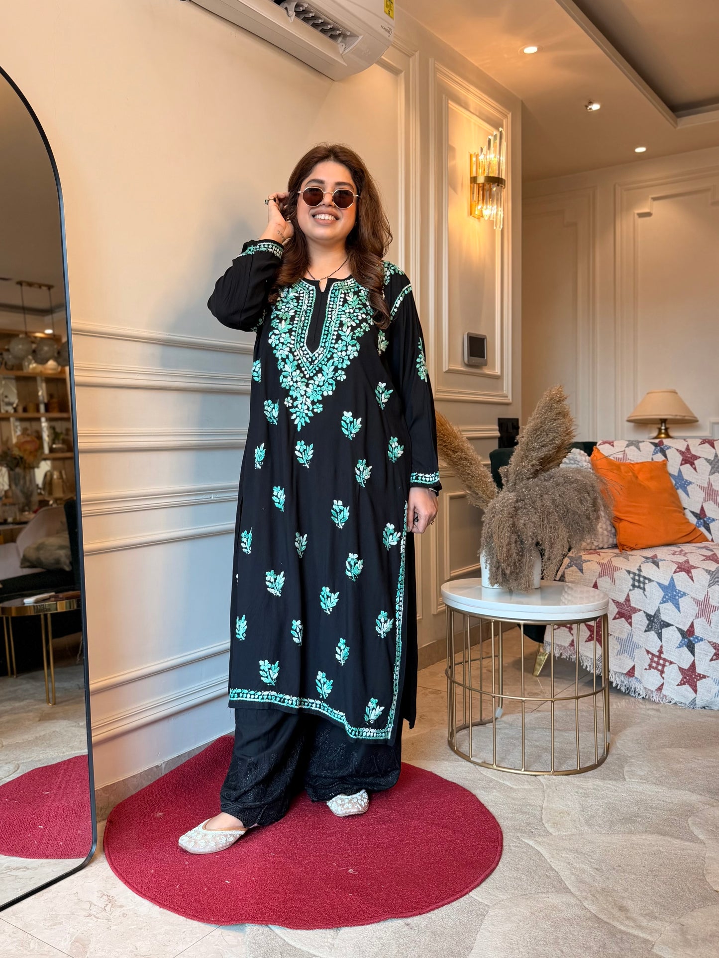 Hand Embroidered Chikankari Kurta  | Premium Cotton | Black with Teal Green