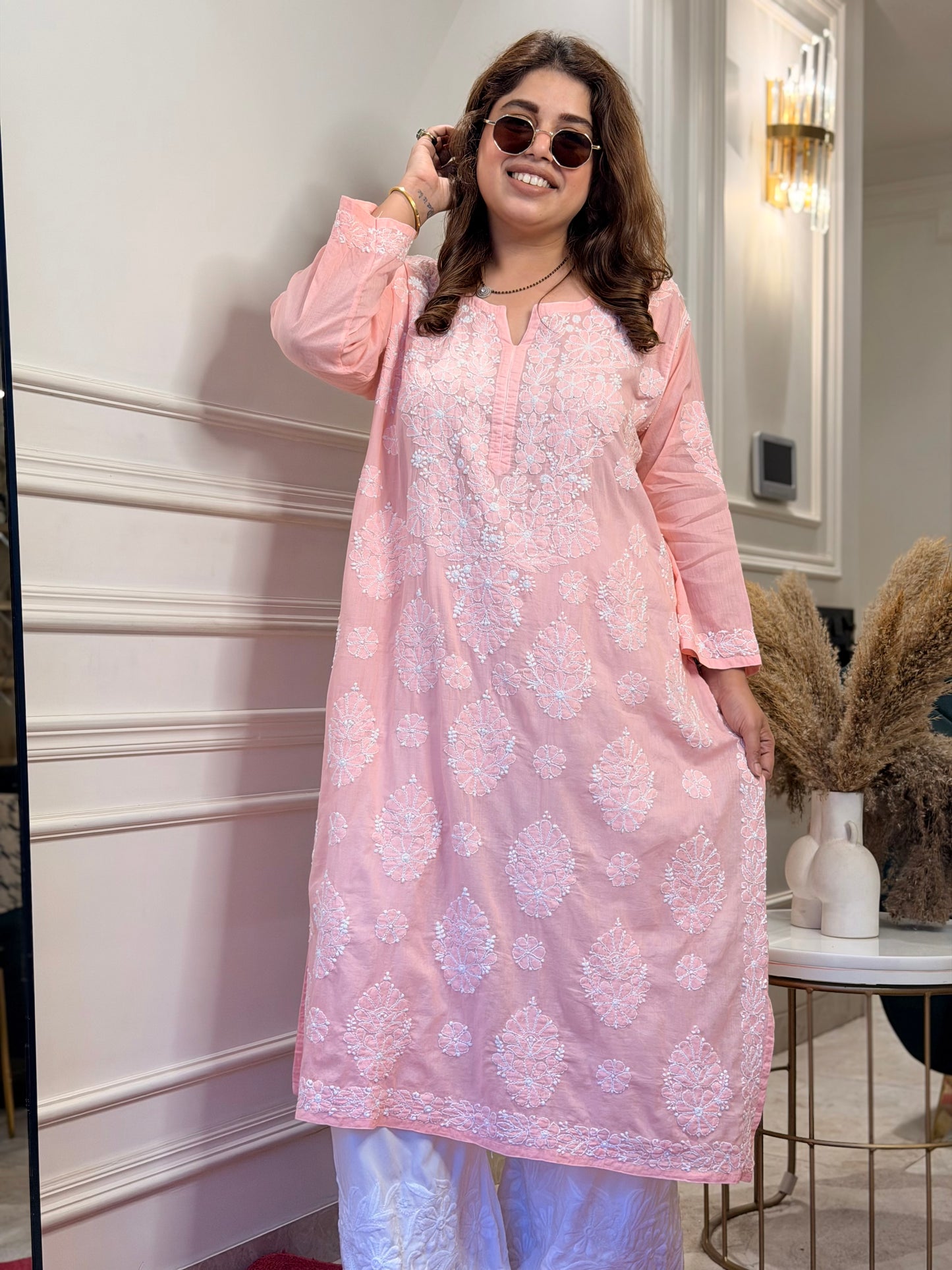 Hand Embroidered Chikankari Kurta | Premium Mul Cotton | Peach Pink