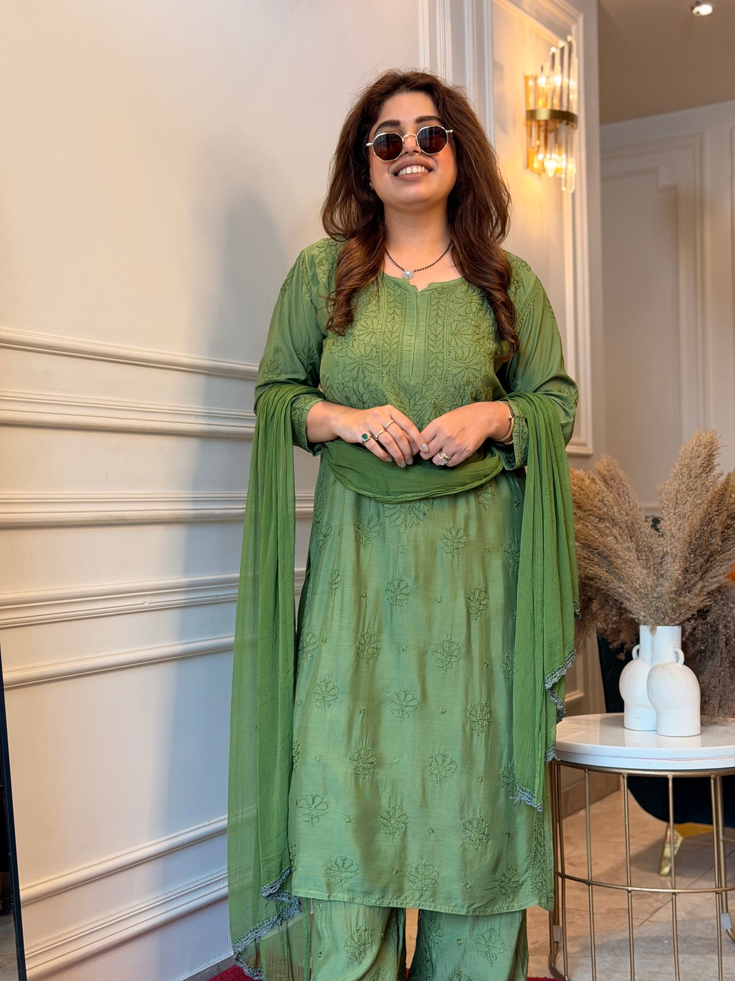 Hand Embroidered Chikankari 3 piece Kurta set | Mul Chanderi | Green