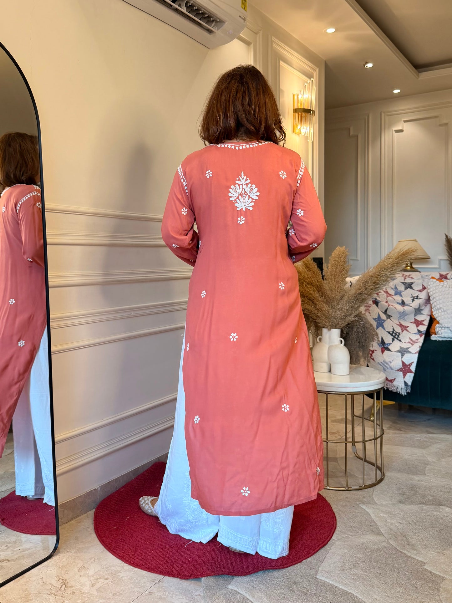 Hand Embroidered Chikankari Kurta | Modal | Coral Peach