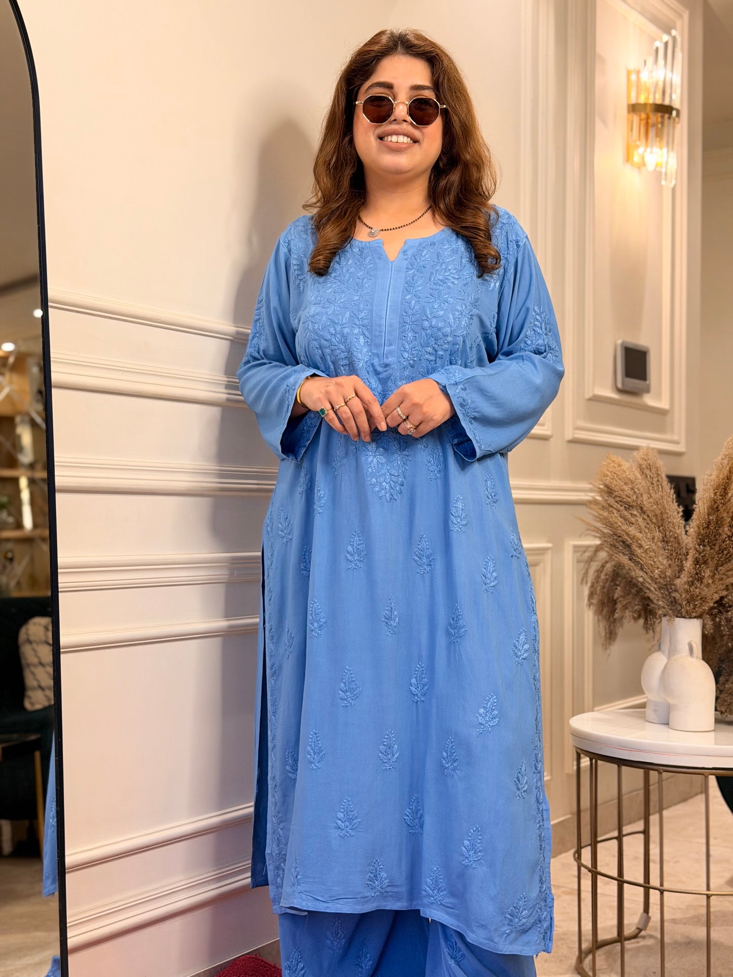 Hand Embroidered Chikankari Kurta set | Modal  |  Blue