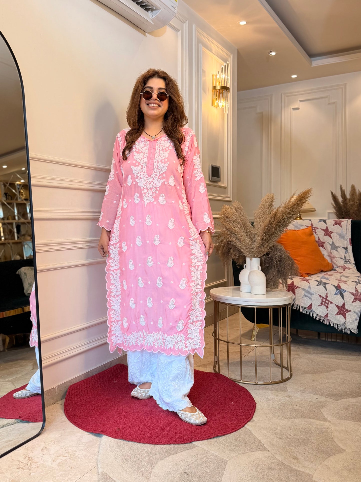 Hand embroidered 6D Chikankari Kurta | Mul Chanderi | Pink