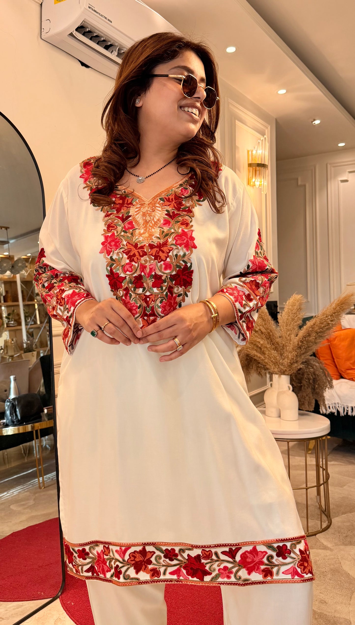 Cotton Kashmiri Emberoried Cordset- Cream Colour