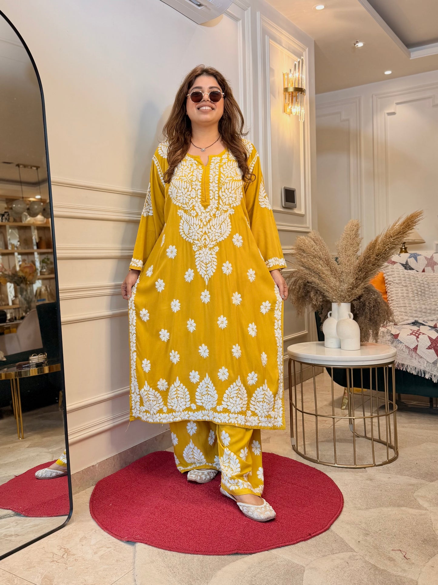 Hand Embroidered Chikankari Kurta set | Modal  | Mustard