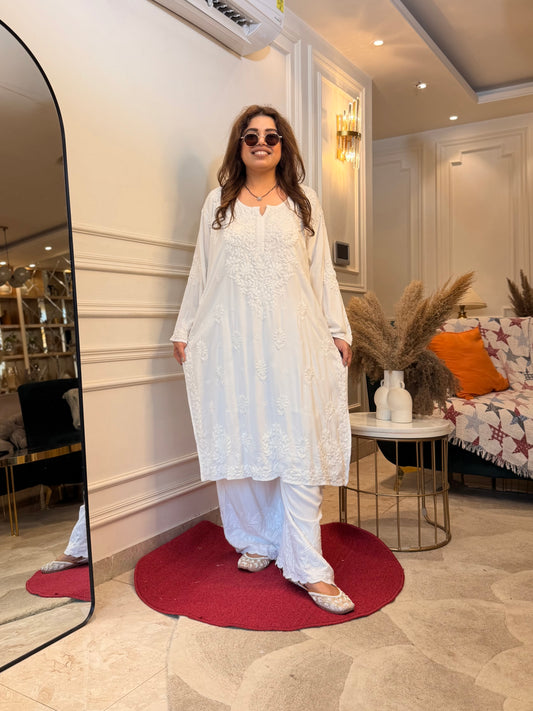Hand Embroidered 6D Chikankari Kurta | Modal | White