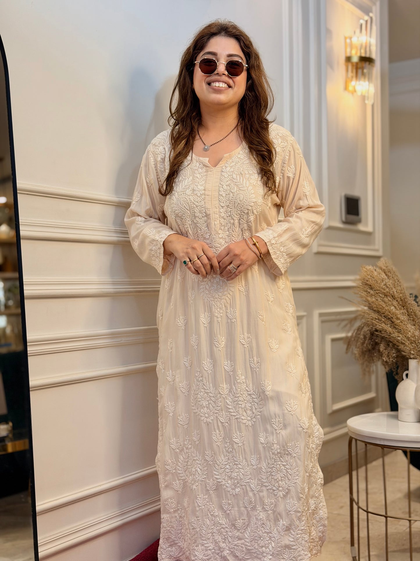 Hand Embroidered 3DChikankari Kurta  | Mul Chanderi | Ivory