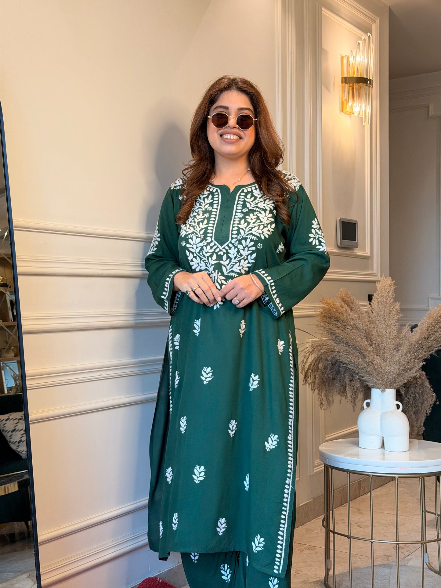 Hand Embroidered Chikankari Kurta set | Modal | Emerald Green