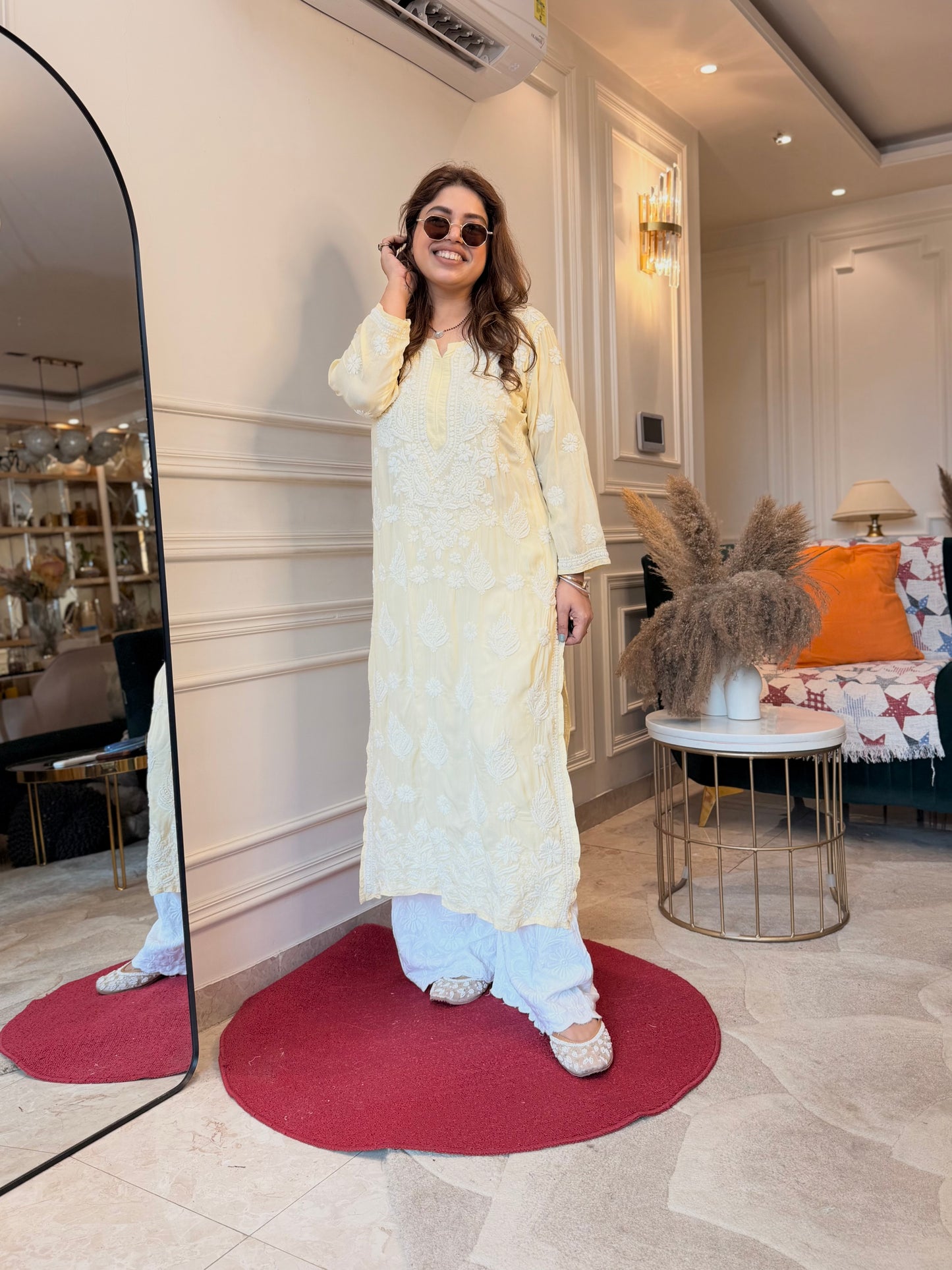 Hand Embroidered 3DChikankari Kurta  | Mul Chanderi | Butter Yellow