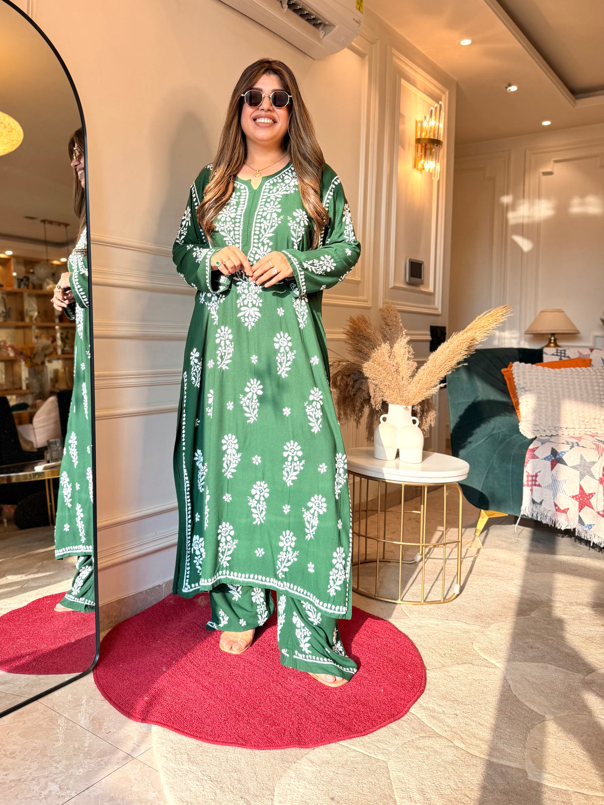 Hand Embroidered 3D Chikankari Kurta set | Premium Modal | Emerald Green
