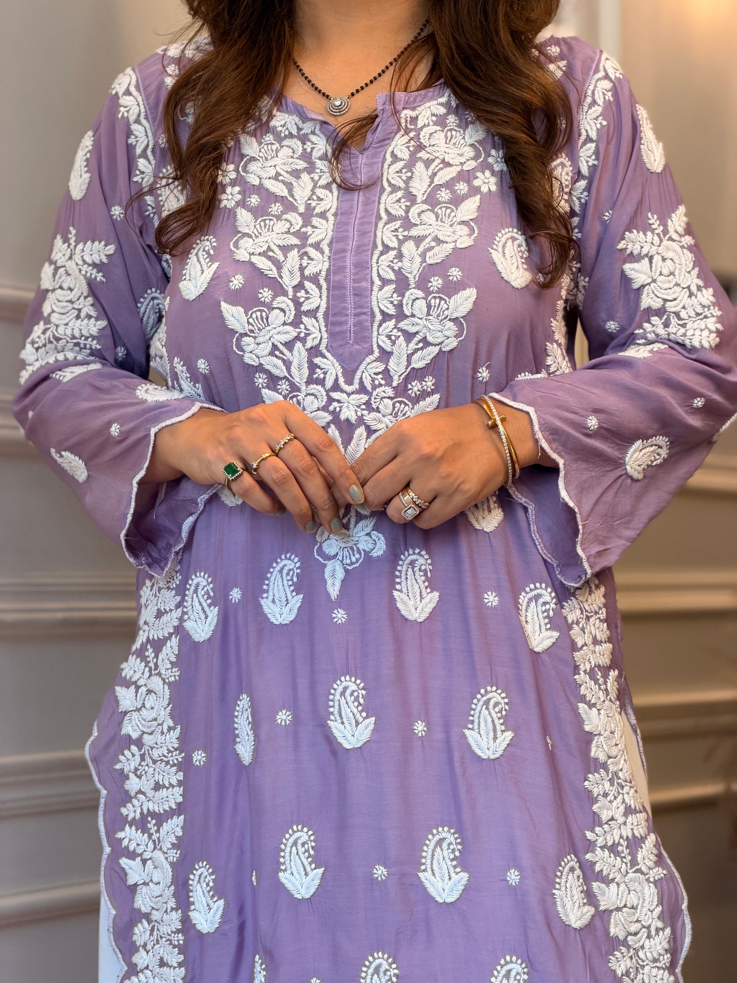 Hand embroidered 6D Chikankari Kurta | Mul Chanderi | Lavender