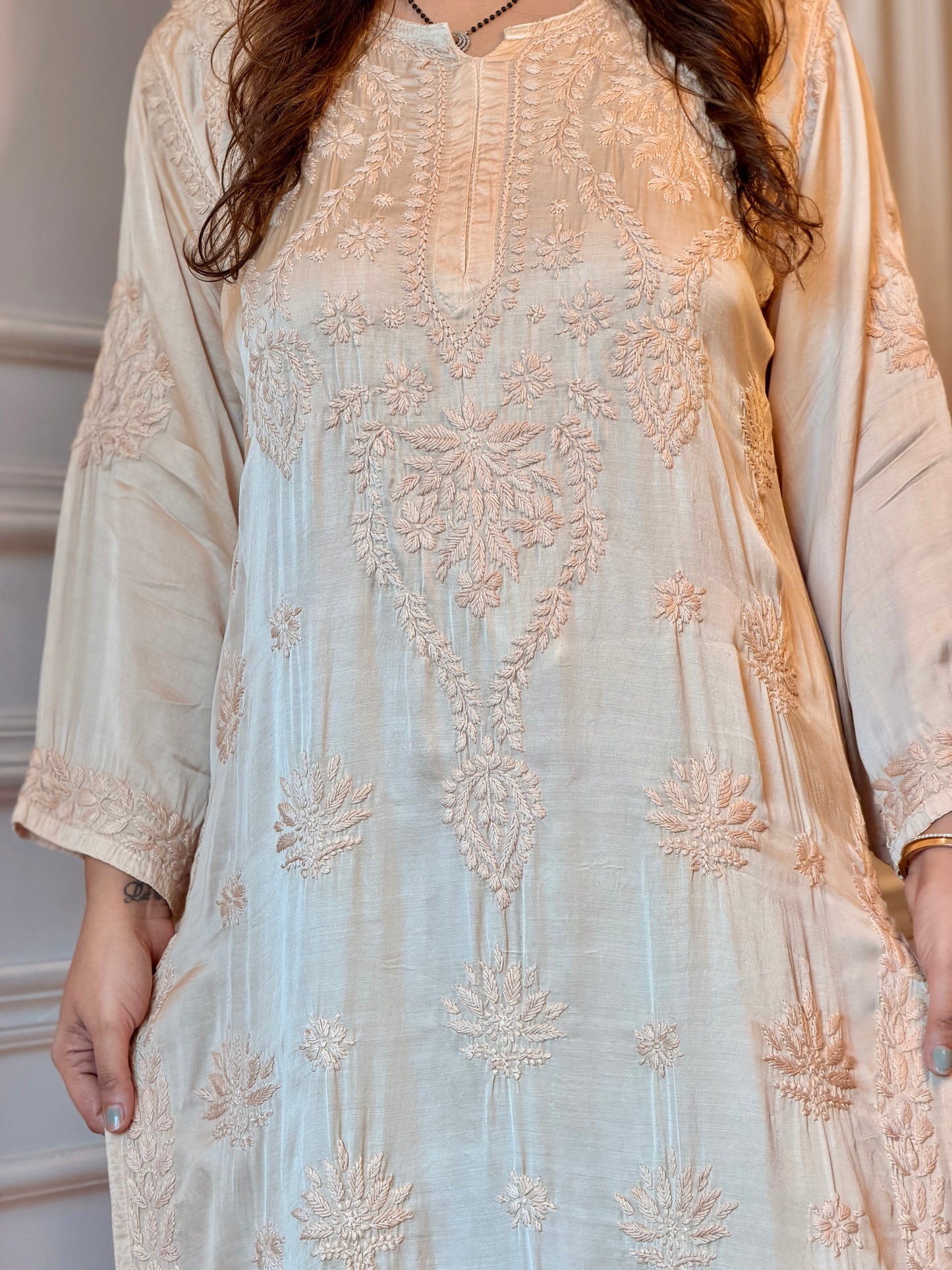 Hand Embroidered Chikankari Kurta set | Modal Satin Silk | Ivory