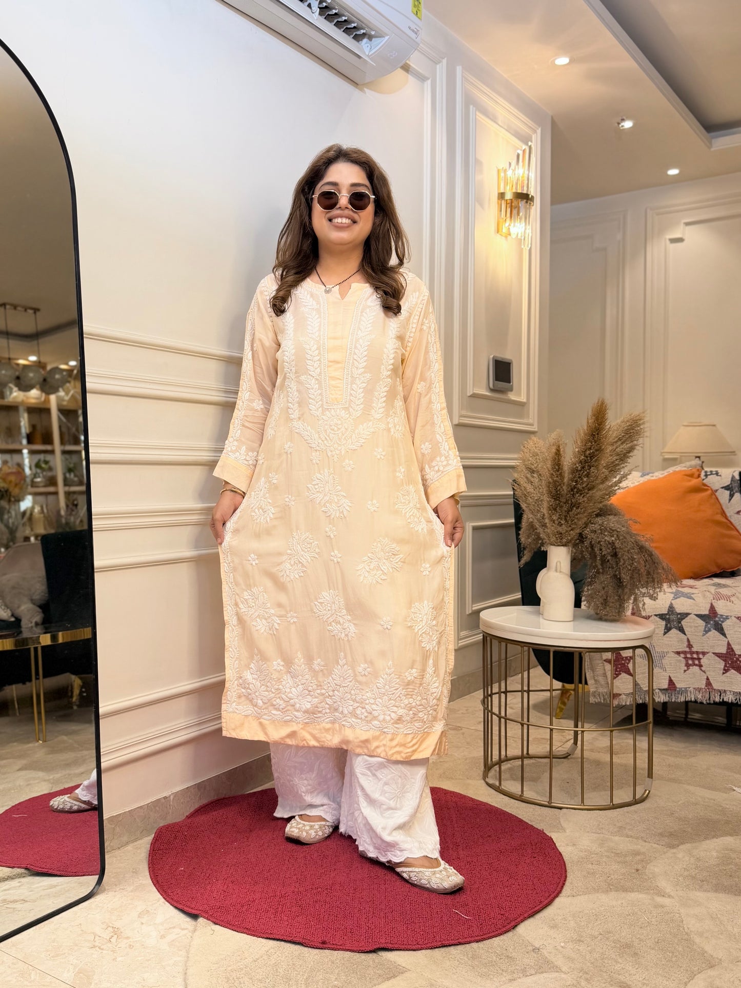 Hand Embroidered Chikankari Kurta Set | Premium Mul Chanderi | Light Peach