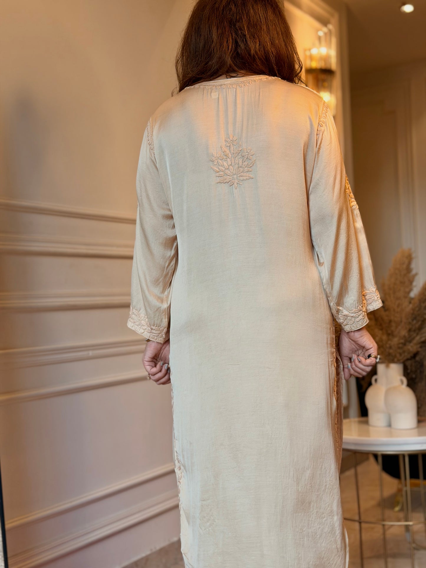 Hand Embroidered Chikankari Kurta set | Modal Satin Silk | Ivory