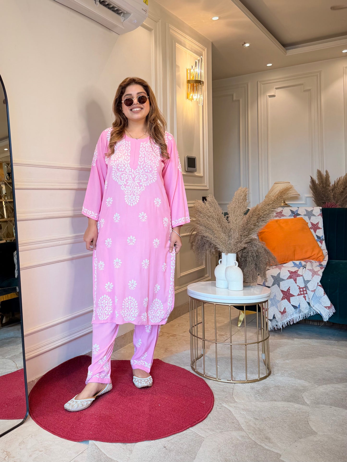 Hand Embroidered Chikankari Kurta set | Modal cotton | Pink