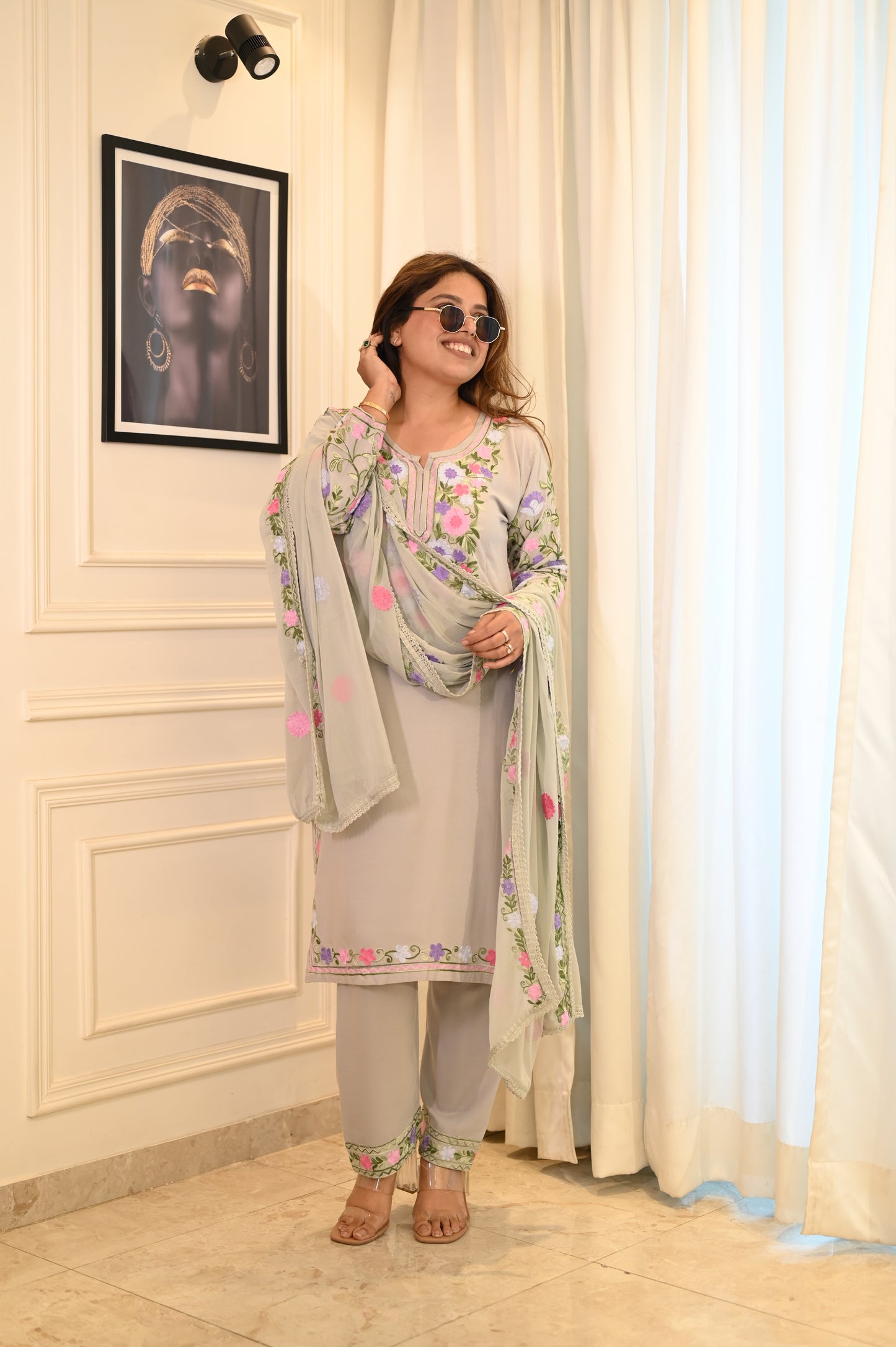 Chic Grey Floral Embroidered Suit Set – Subtle Elegance with a Touch of Tradition