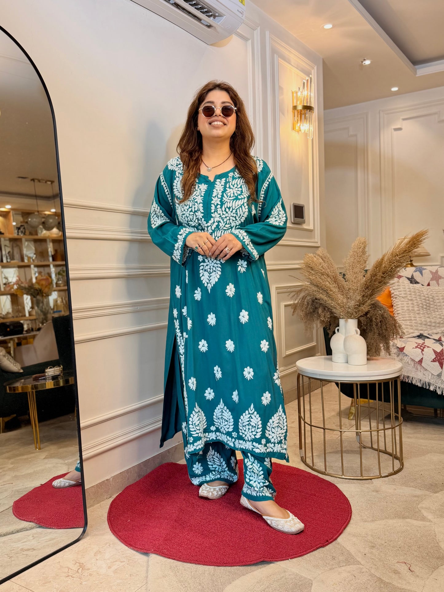 Hand Embroidered Chikankari Kurta set | Modal  | Teal