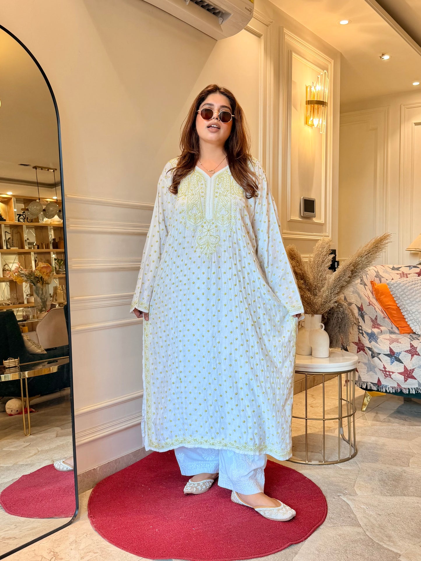 Hand Embroidered Chikankari Kurta  | Mul Chanderi | white with Olive Green| Plus Size