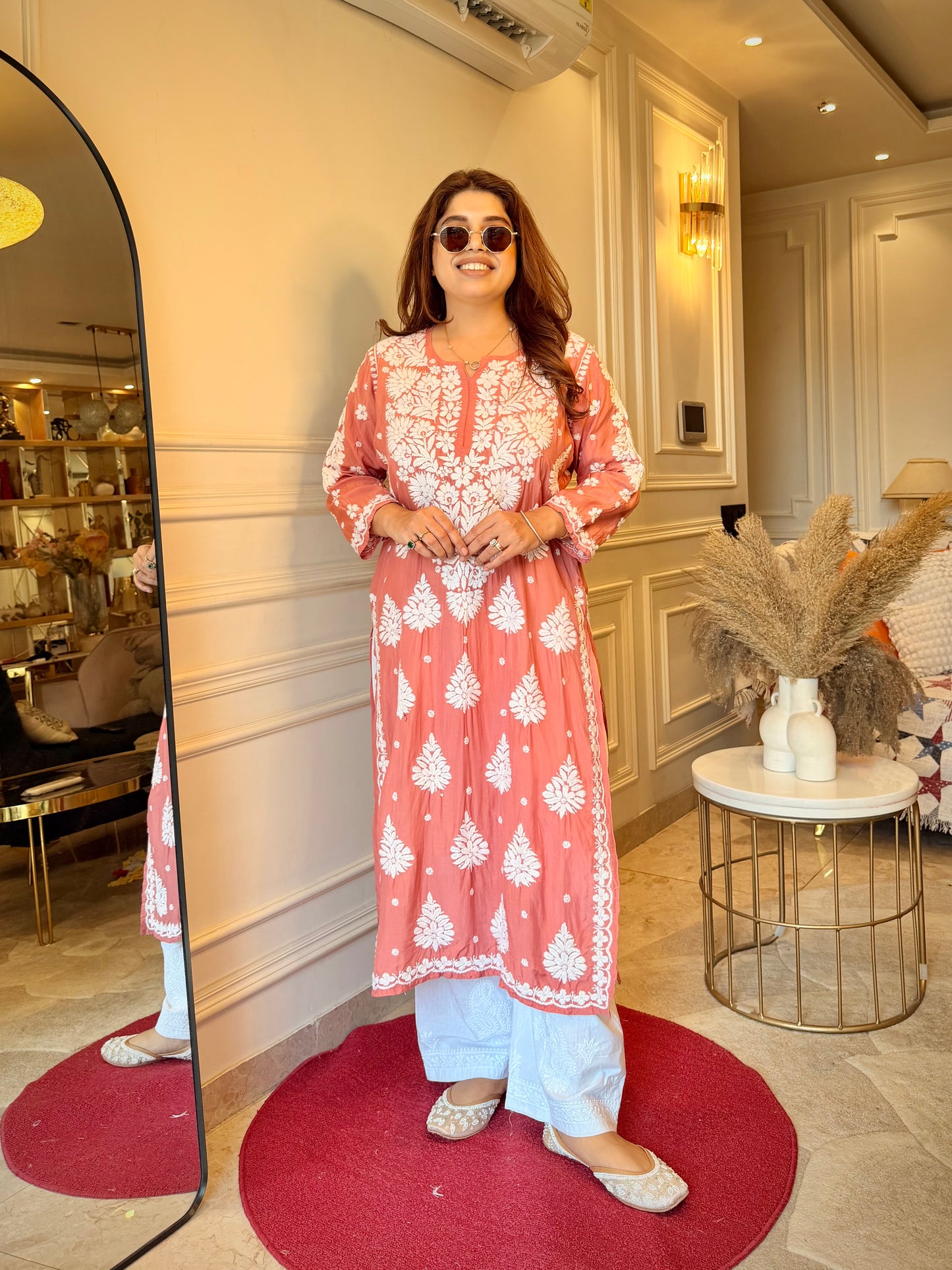 Chikankari Kurta  | Mul Chanderi | Coral Peach