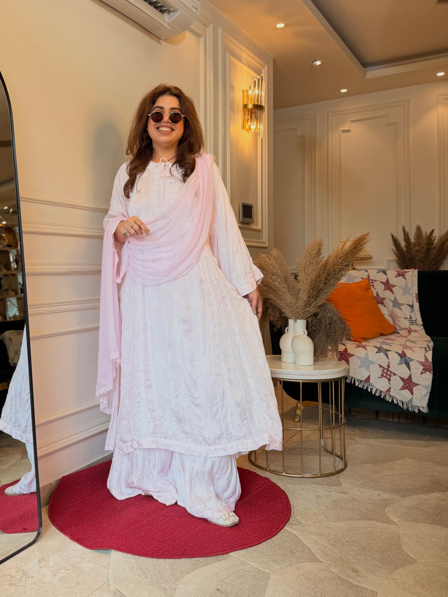 Hand Embroidered 3D Chikankari 3 Piece Kurta set | Modal Satin Silk  | Baby Pink