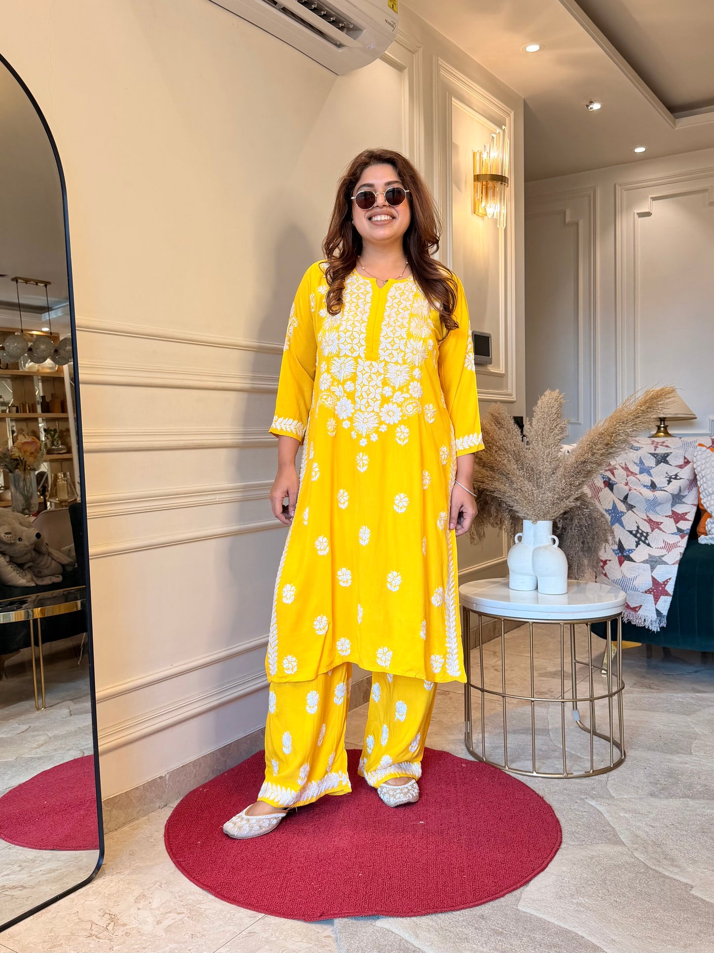 Hand Embroidered Chikankari Kurta set | Modal | Bright Yellow