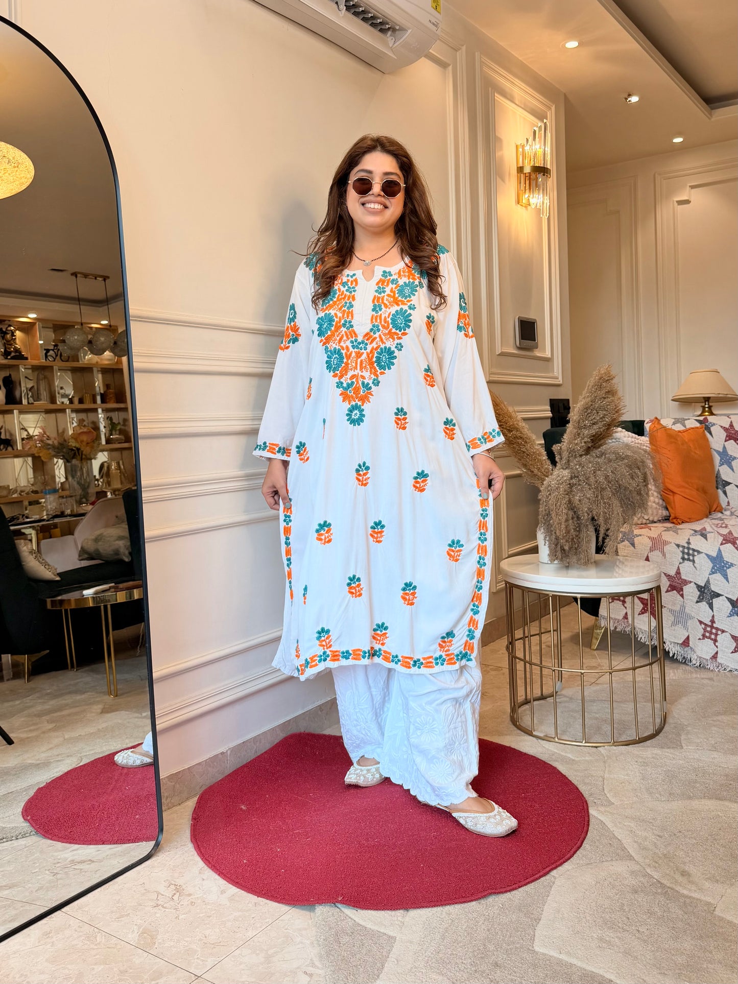 Hand embroidered Chikankari Kurta | Premium Cotton | White with Turquoise & Orange