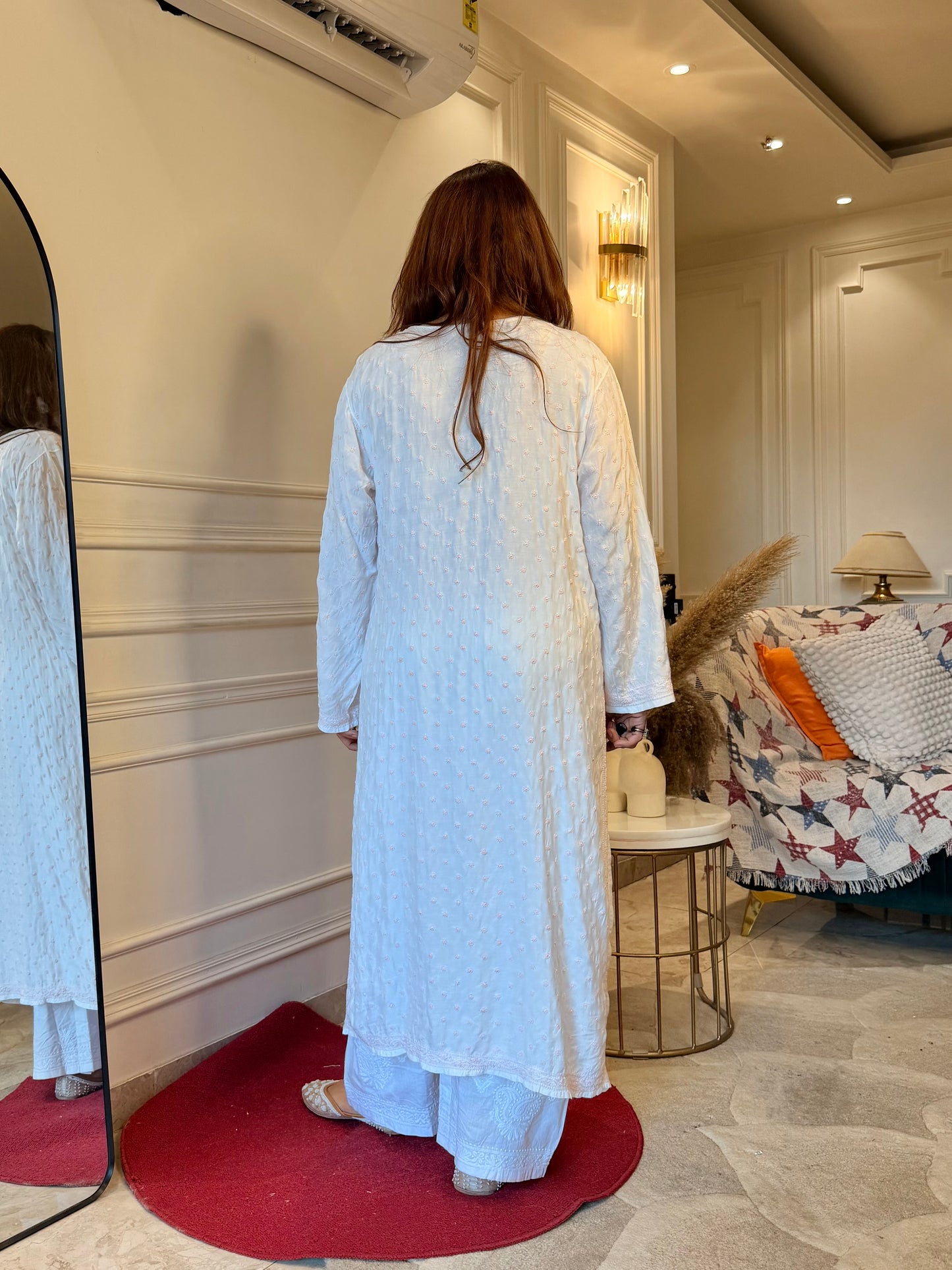 Hand Embroidered Chikankari Kurta  | Mul Chanderi | white with Pink| Plus Size